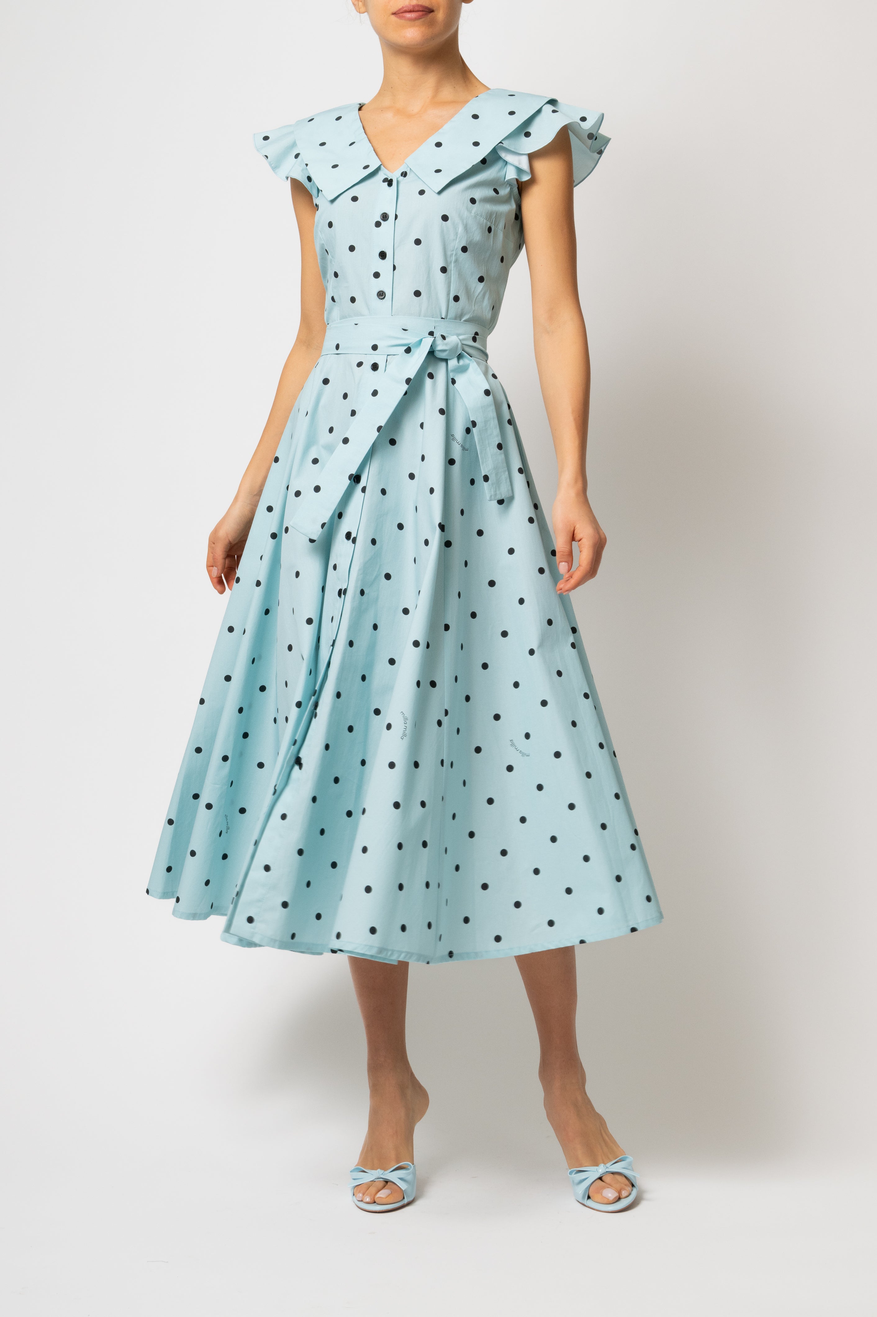 Rochie Camasa Midi cu Guler in V, din Bumbac Bleu cu Buline
