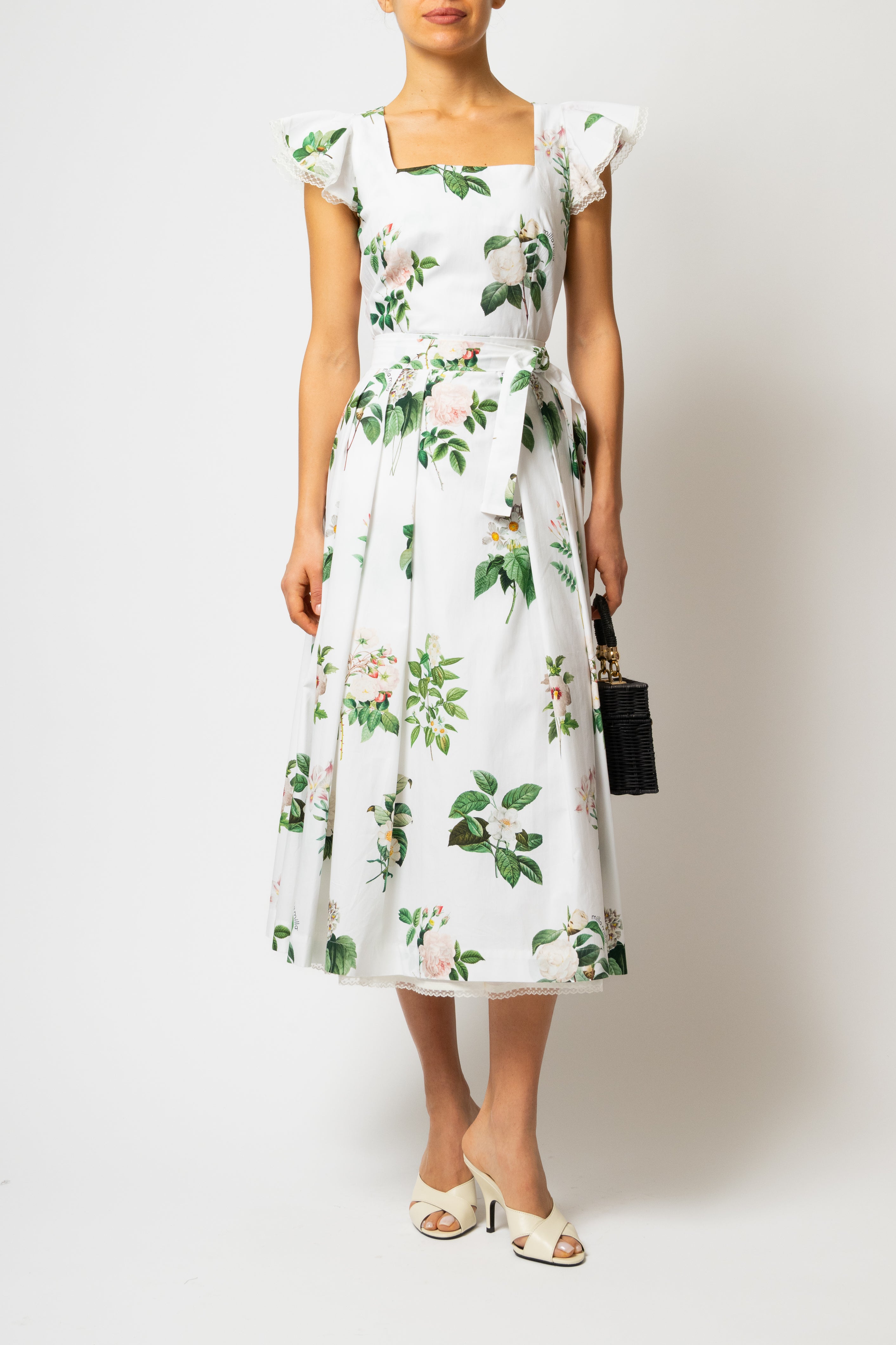 Rochie Midi cu Aripioare si Imprimeu de Flori Albe, din Bumbac
