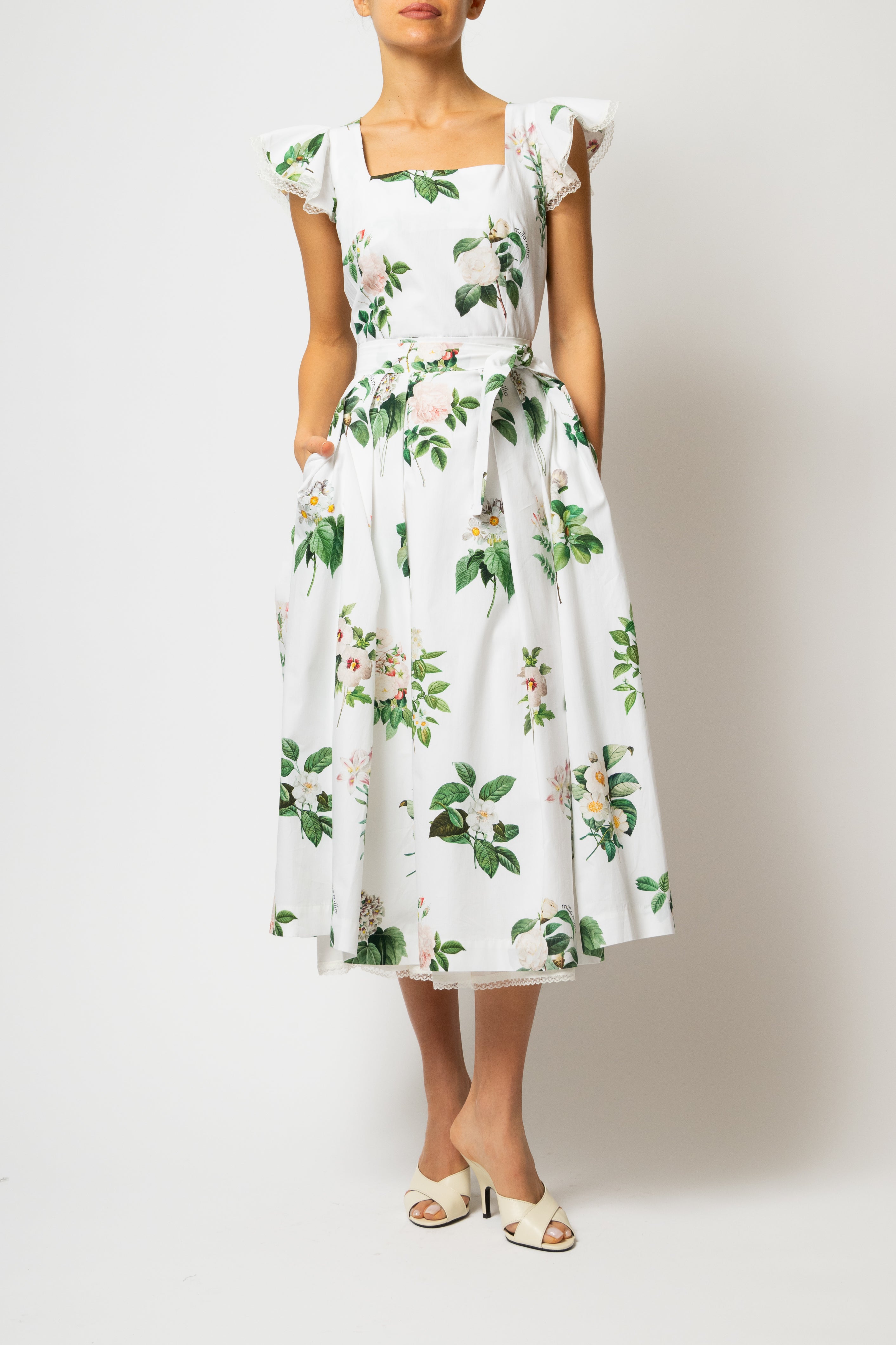 Rochie Midi cu Aripioare si Imprimeu de Flori Albe, din Bumbac