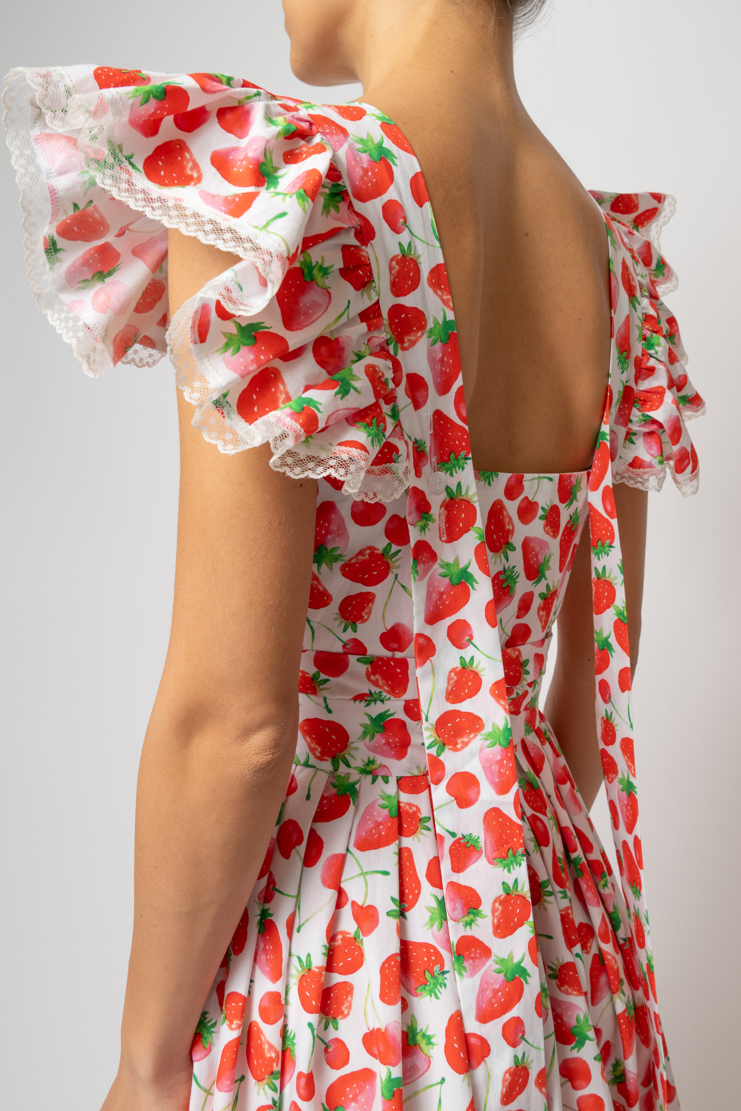 Rochie Midi cu Volane si Imprimeu de Capsuni, din Bumbac