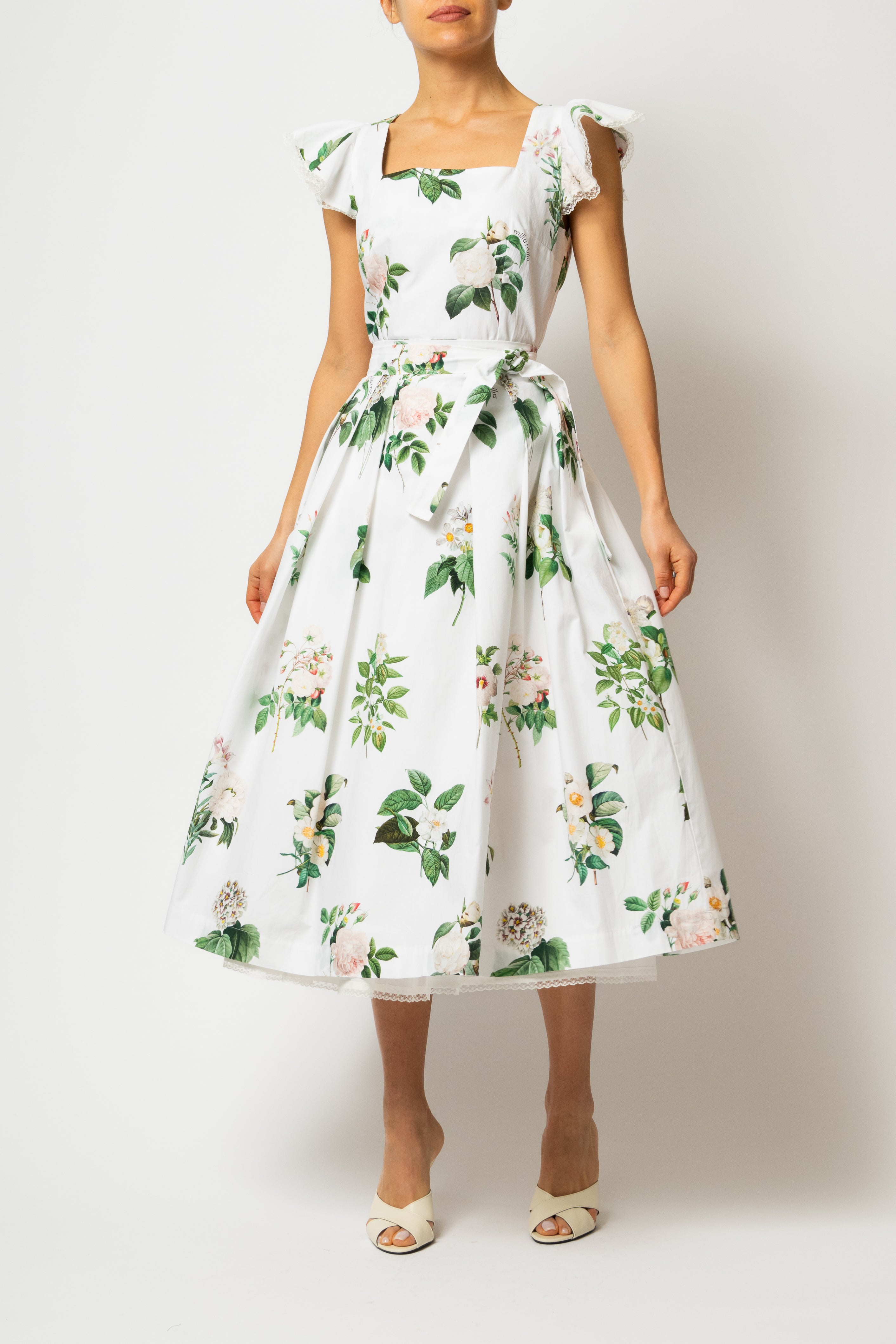 Rochie Midi cu Aripioare si Imprimeu de Flori Albe, din Bumbac