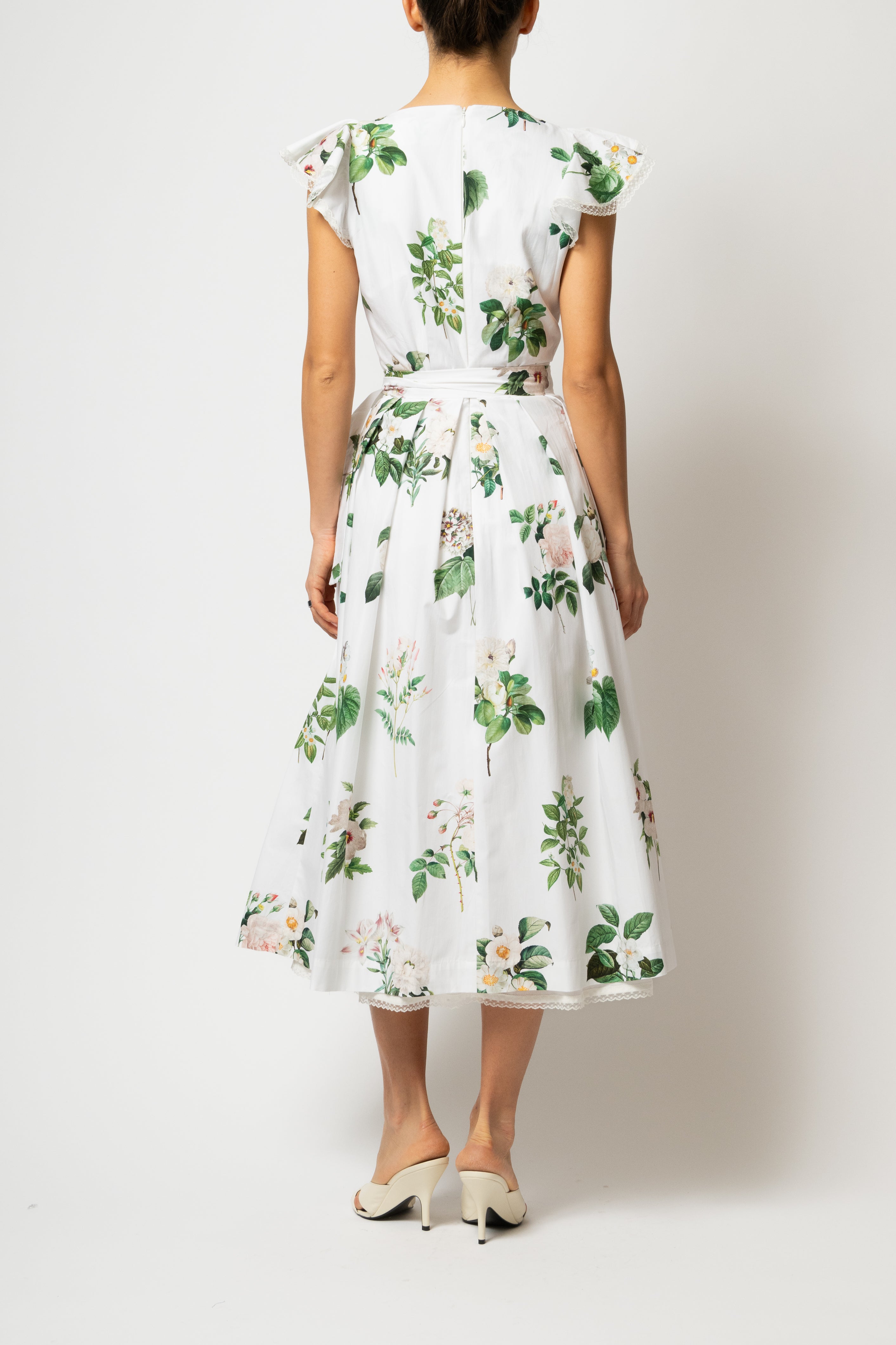 Rochie Midi cu Aripioare si Imprimeu de Flori Albe, din Bumbac