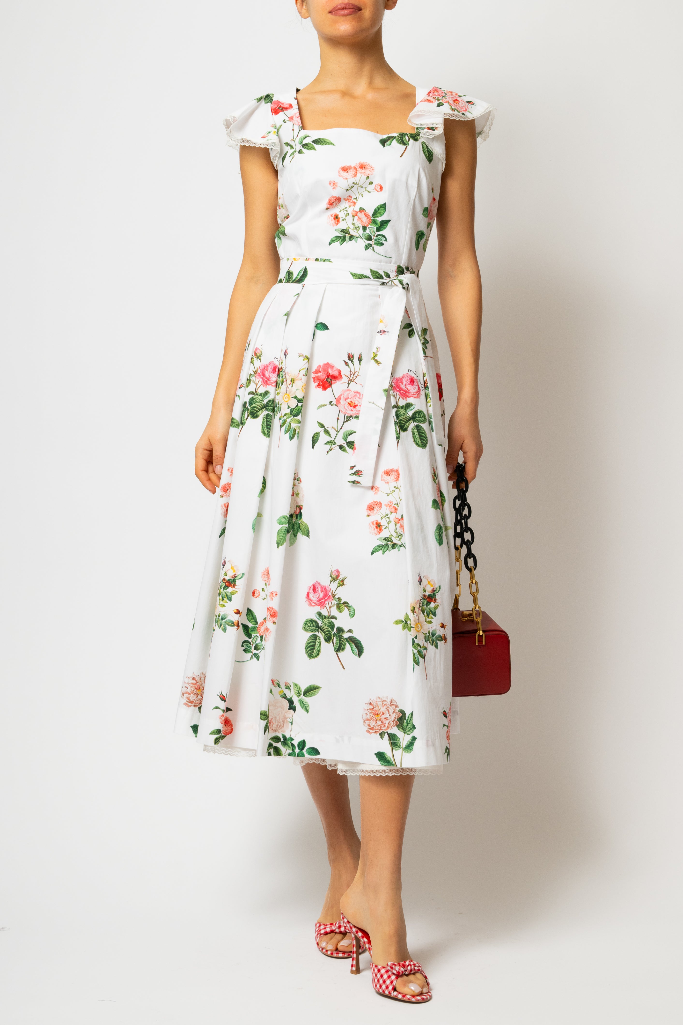 Rochie Midi cu Aripioare si Imprimeu de Trandafiri Roz, din Bumbac