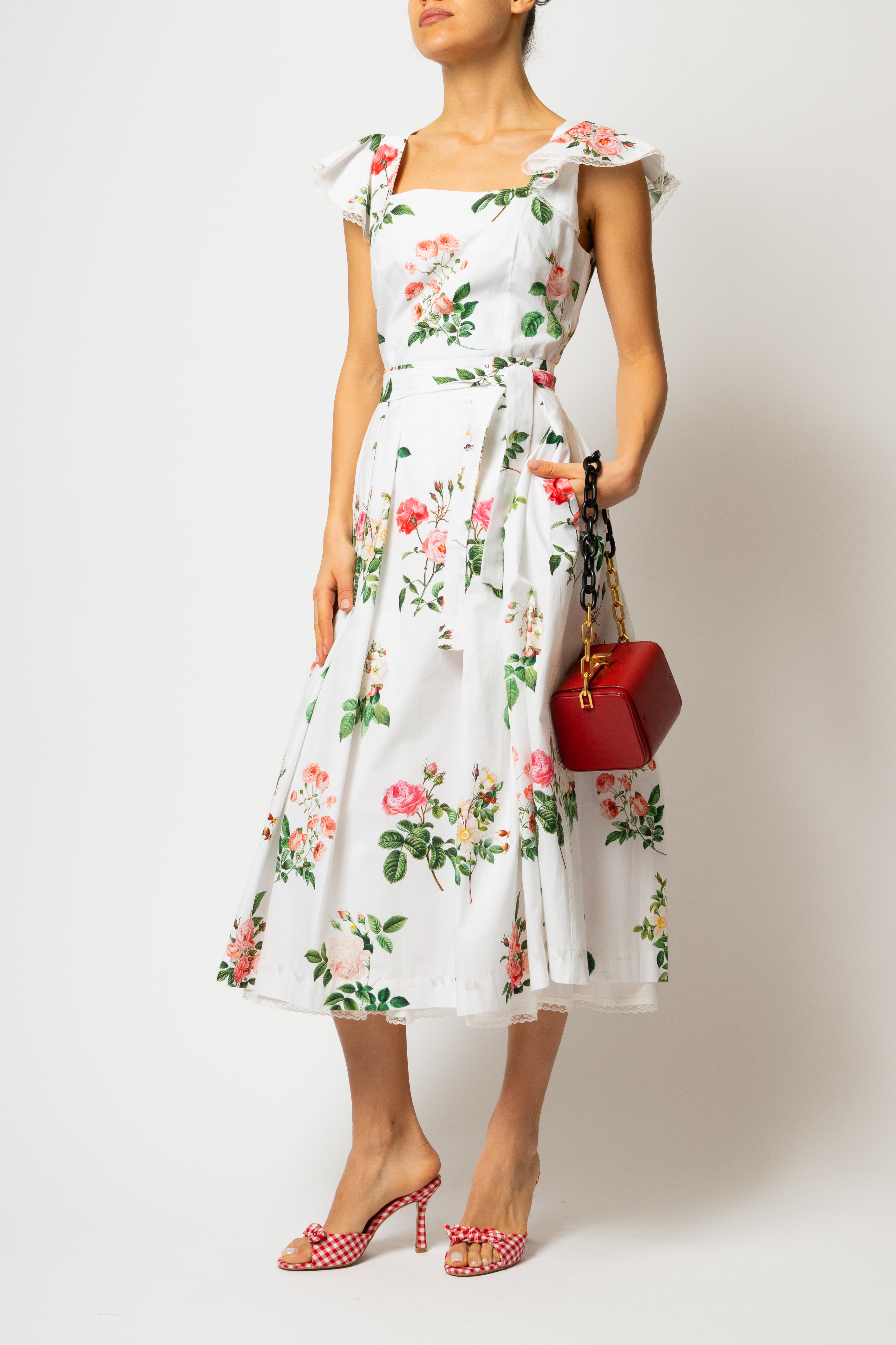Rochie Midi cu Aripioare si Imprimeu de Trandafiri Roz, din Bumbac
