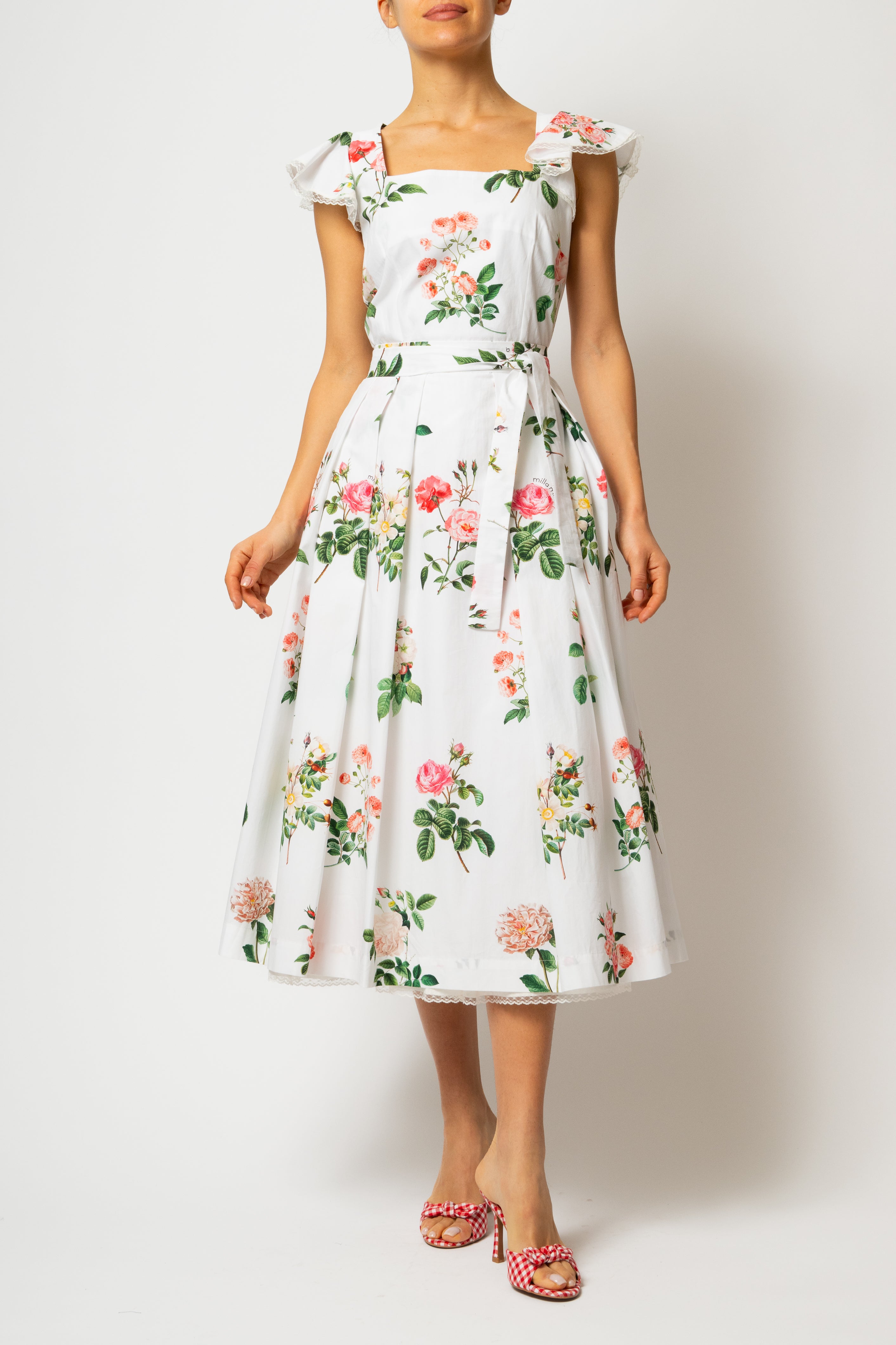 Rochie Midi cu Aripioare si Imprimeu de Trandafiri Roz, din Bumbac