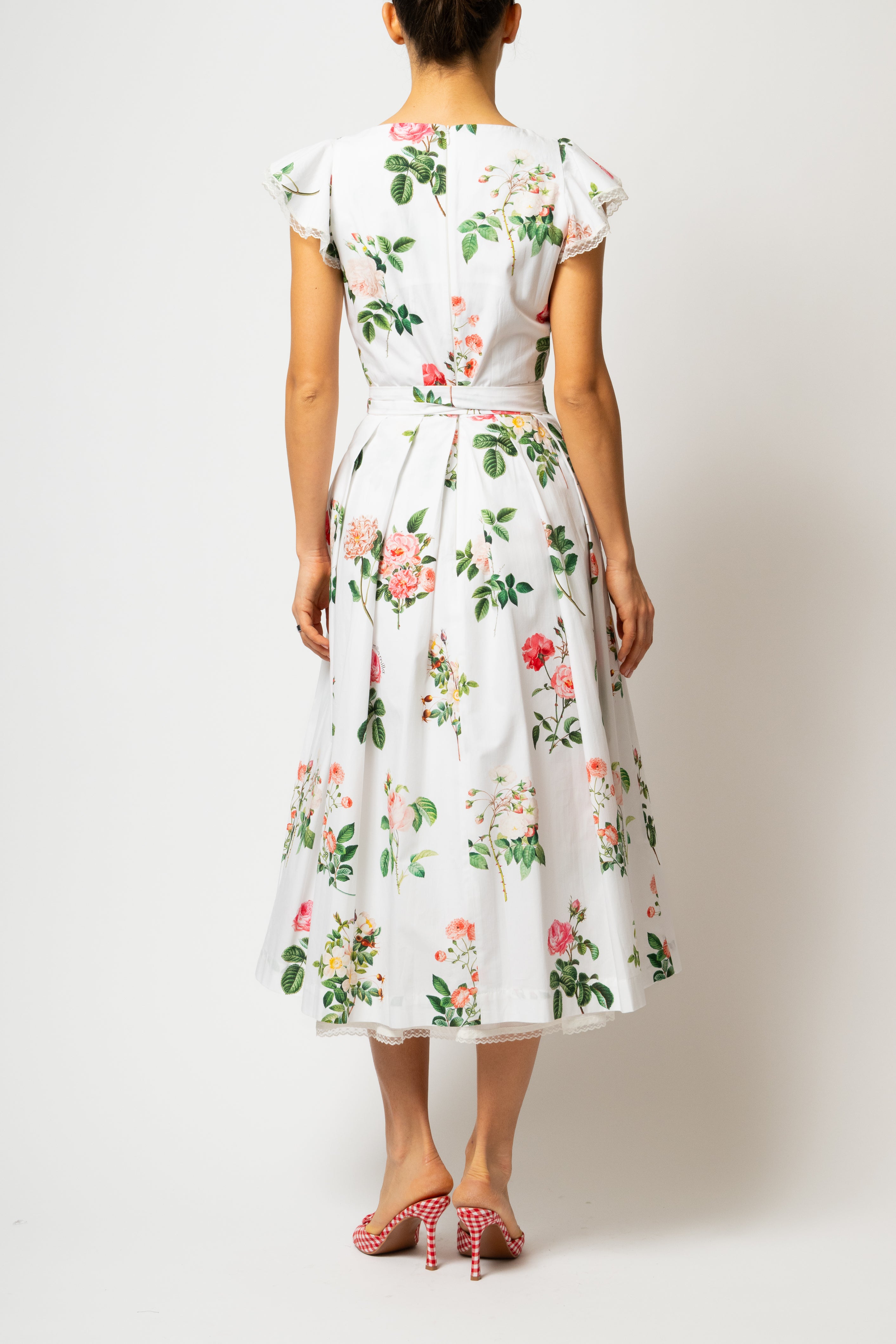 Rochie Midi cu Aripioare si Imprimeu de Trandafiri Roz, din Bumbac