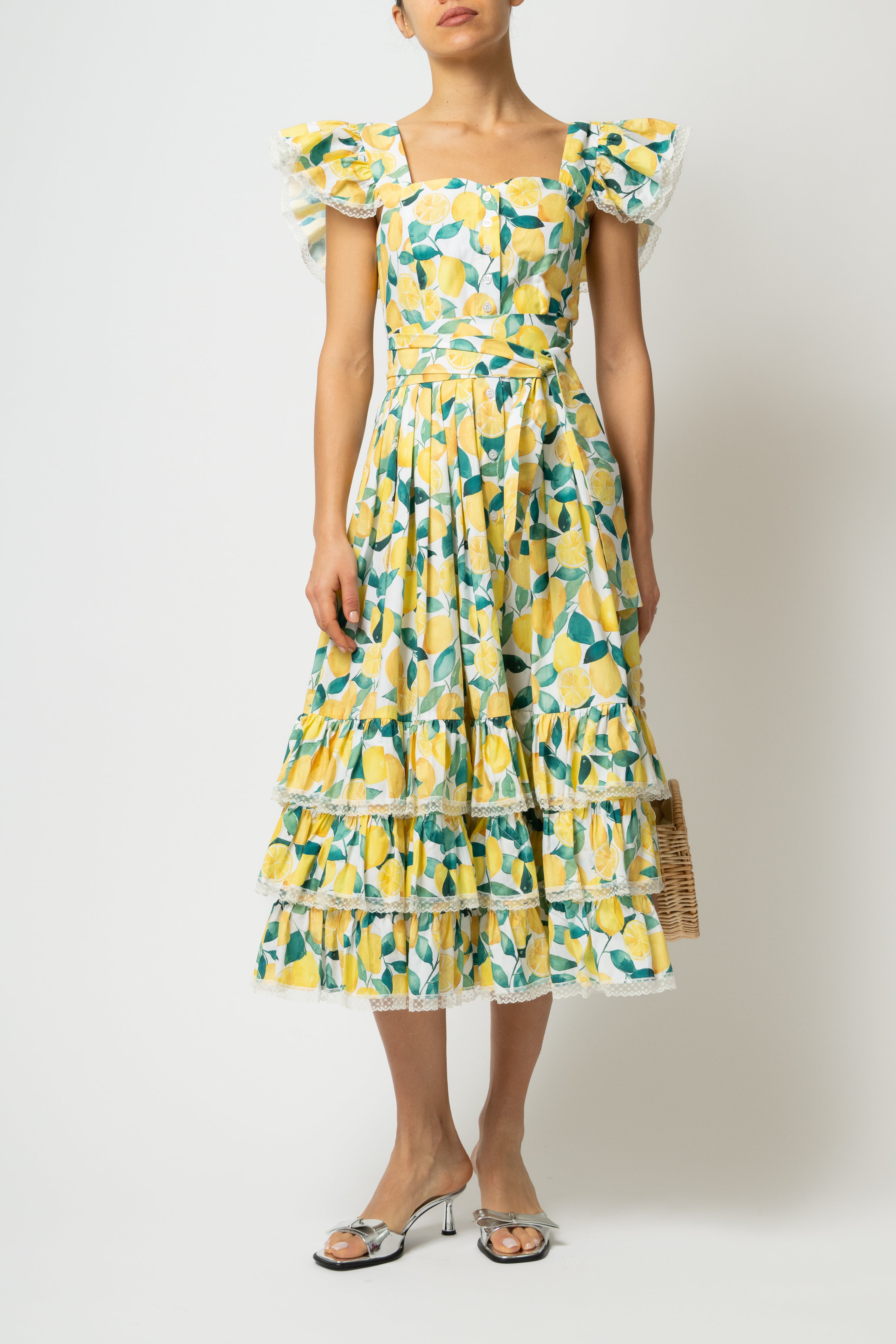 Rochie Midi cu Volane si Imprimeu de Lamai, din Bumbac