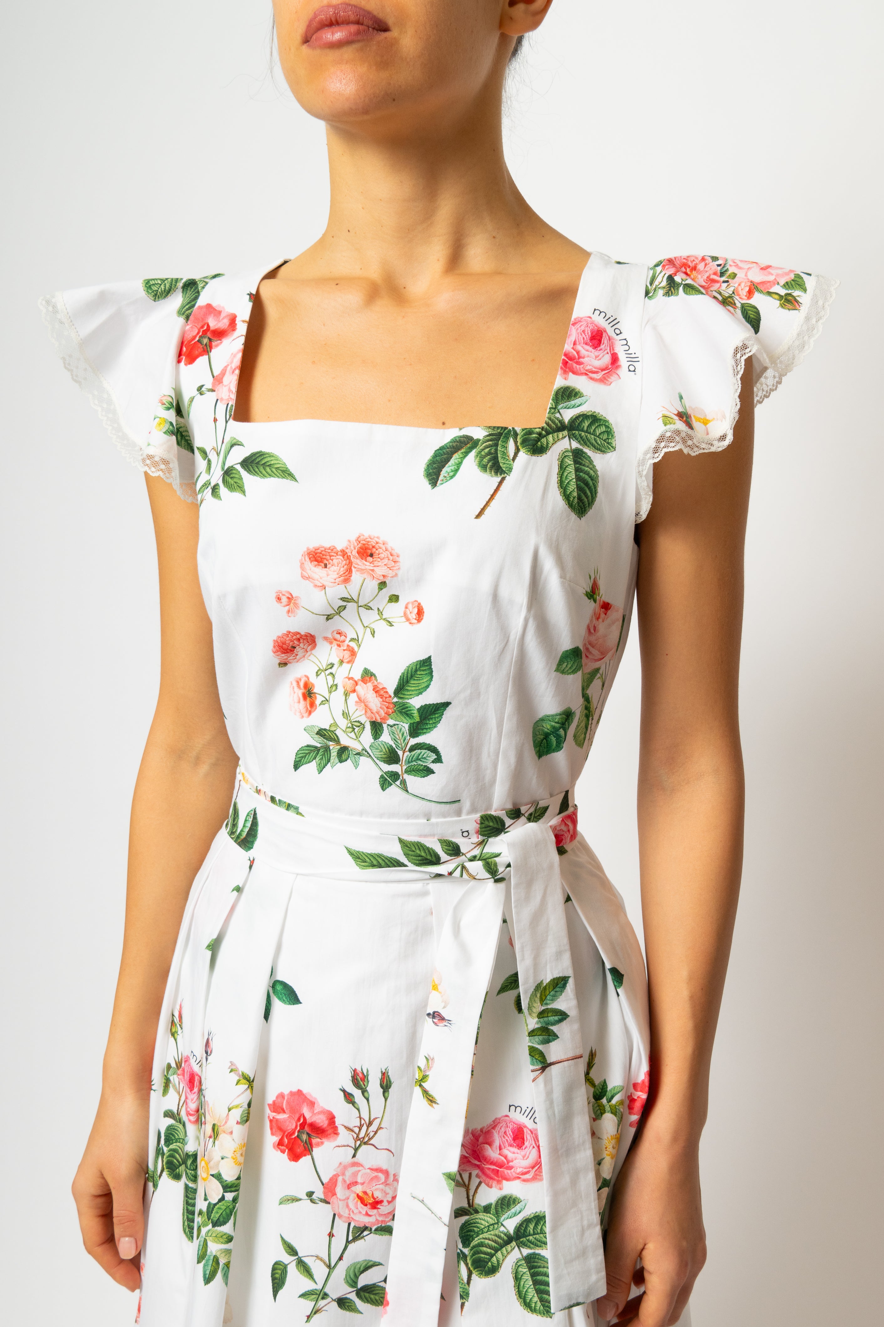 Rochie Midi cu Aripioare si Imprimeu de Trandafiri Roz, din Bumbac