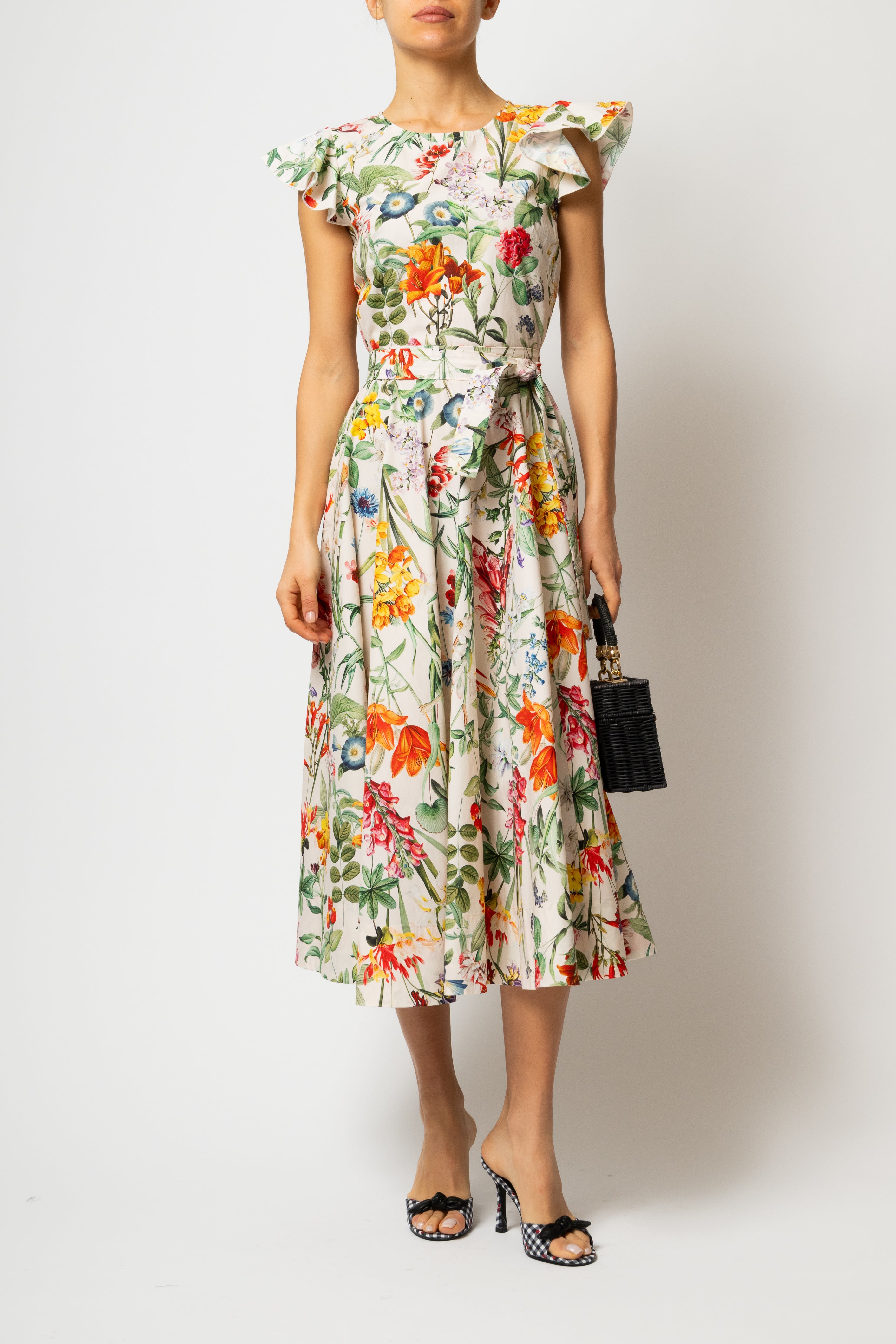 Rochie Midi cu Aripioare si Print Botanic pe Bej, din Bumbac