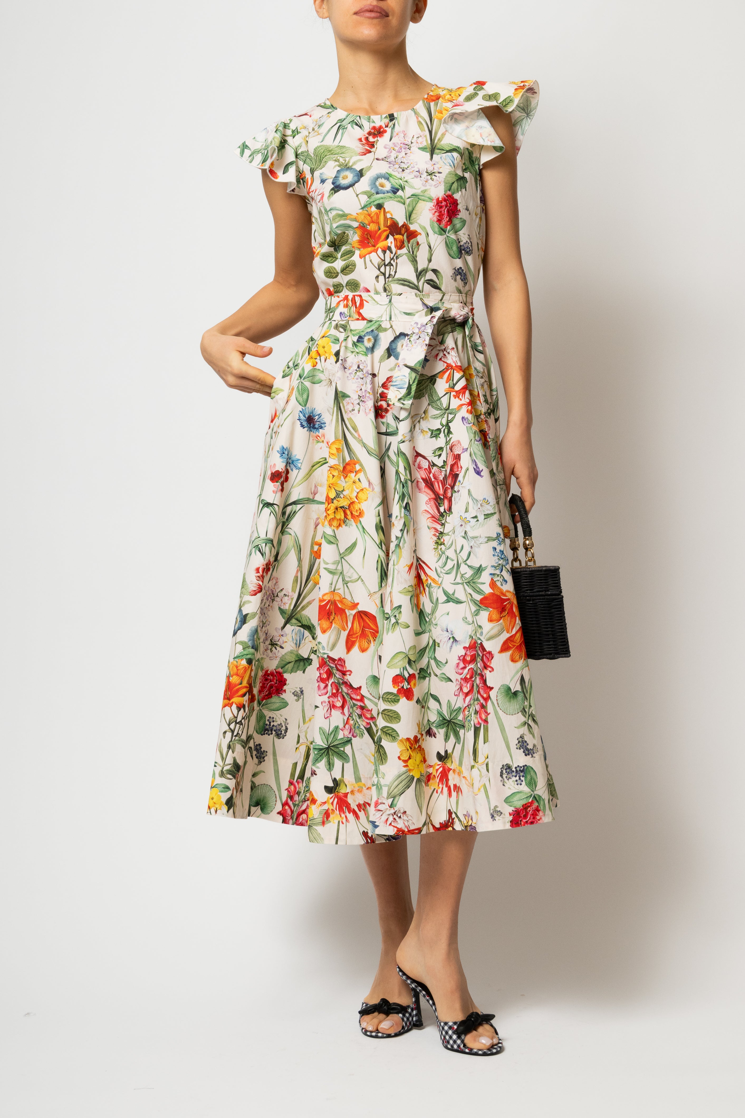 Rochie Midi cu Aripioare si Print Botanic pe Bej, din Bumbac