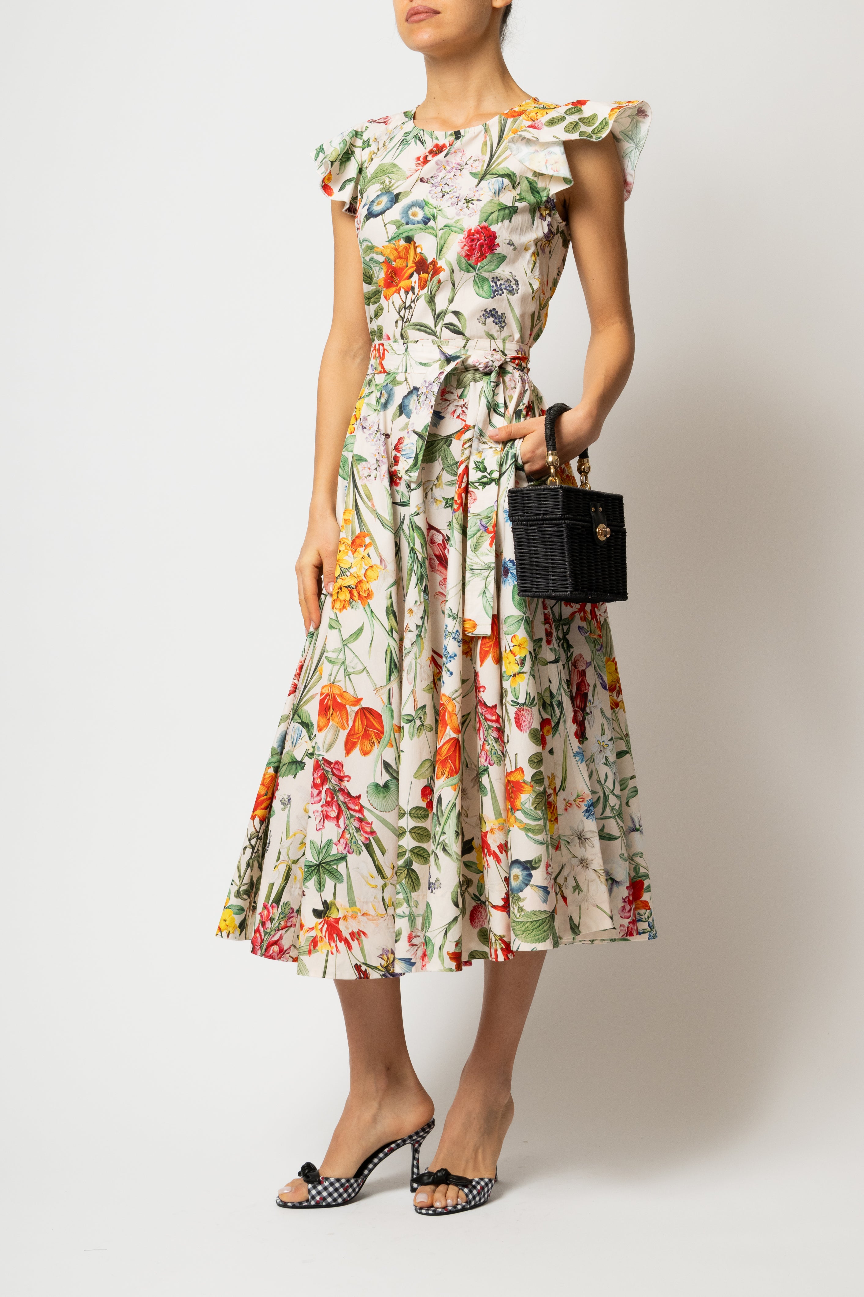 Rochie Midi cu Aripioare si Print Botanic pe Bej, din Bumbac