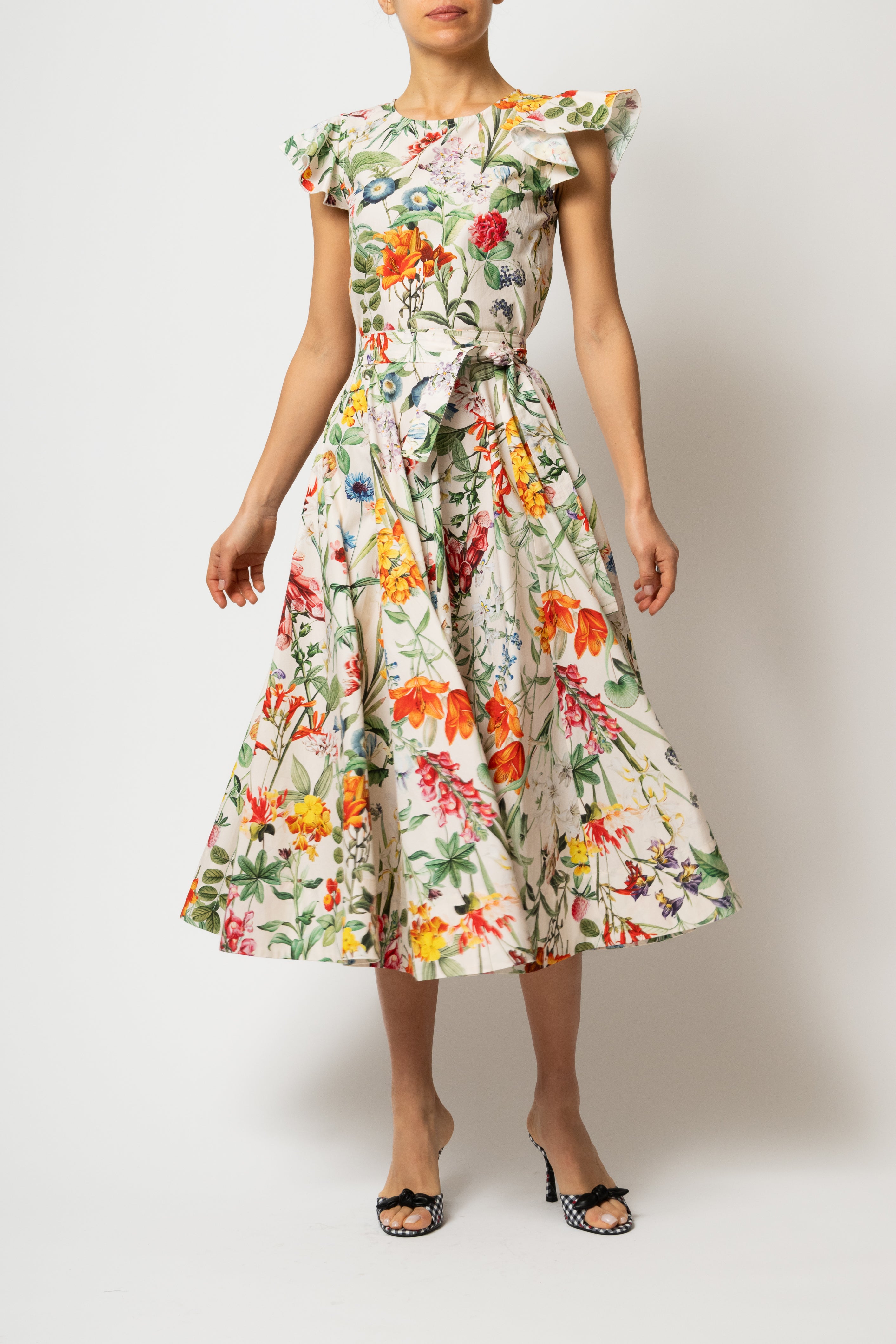 Rochie Midi cu Aripioare si Print Botanic pe Bej, din Bumbac