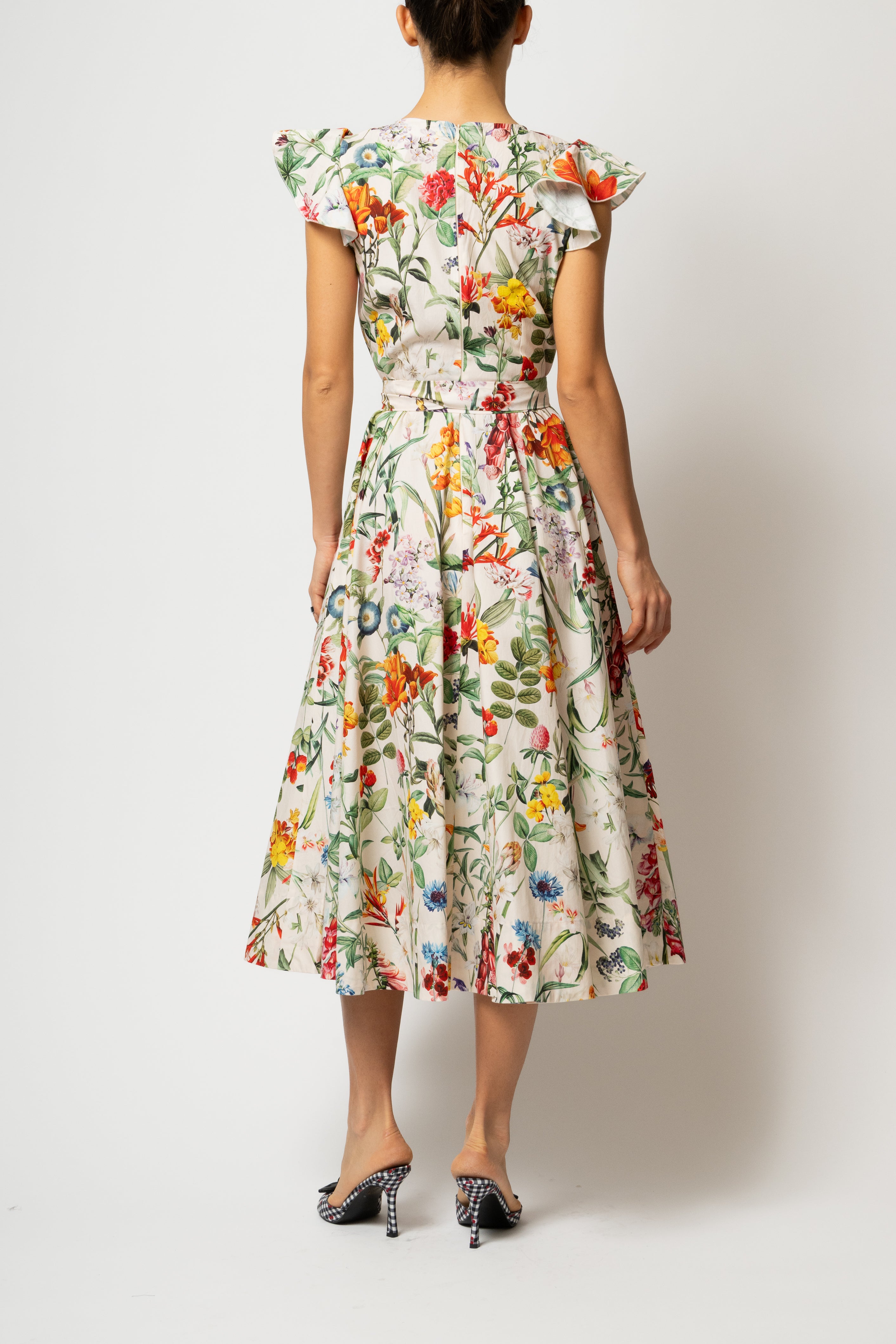 Rochie Midi cu Aripioare si Print Botanic pe Bej, din Bumbac