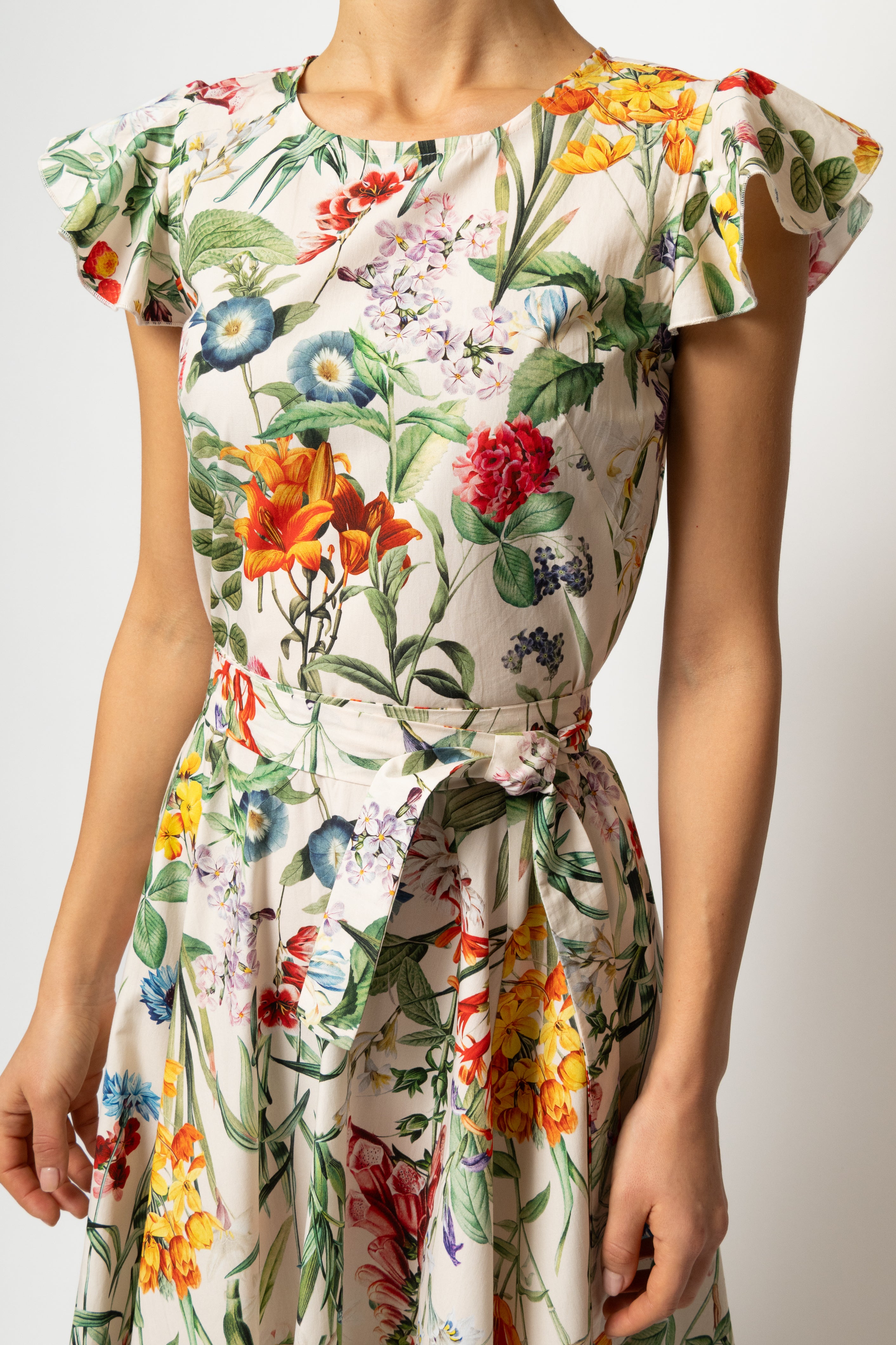 Rochie Midi cu Aripioare si Print Botanic pe Bej, din Bumbac