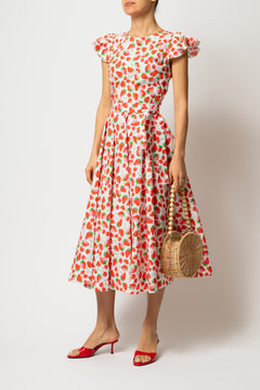 Rochie Midi cu Aripioare si Capsuni pe Alb, din Bumbac
