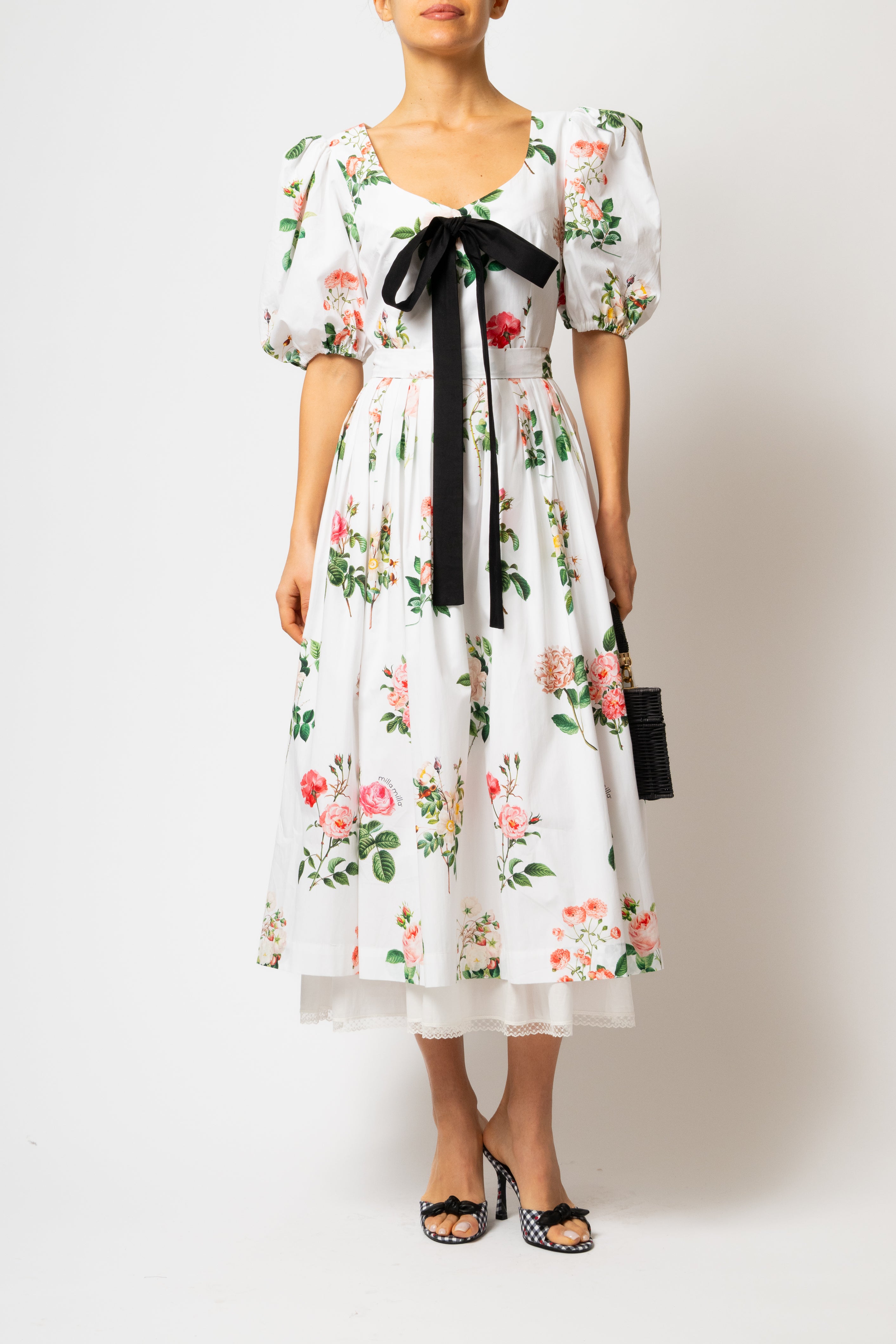 Rochie Midi cu Maneci Bufante cu Trandafiri pe Alb, din Bumbac