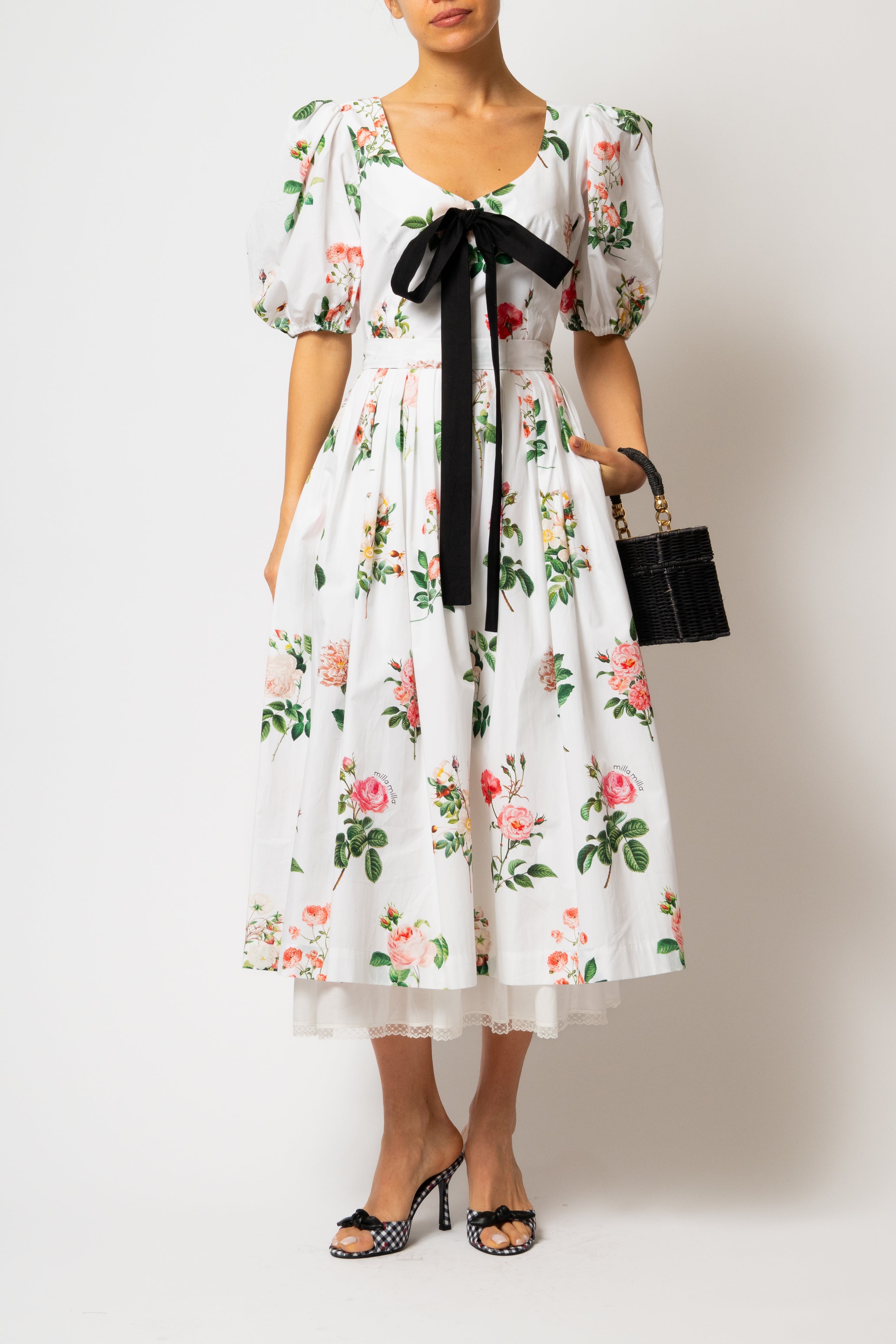 Rochie Midi cu Maneci Bufante cu Trandafiri pe Alb, din Bumbac