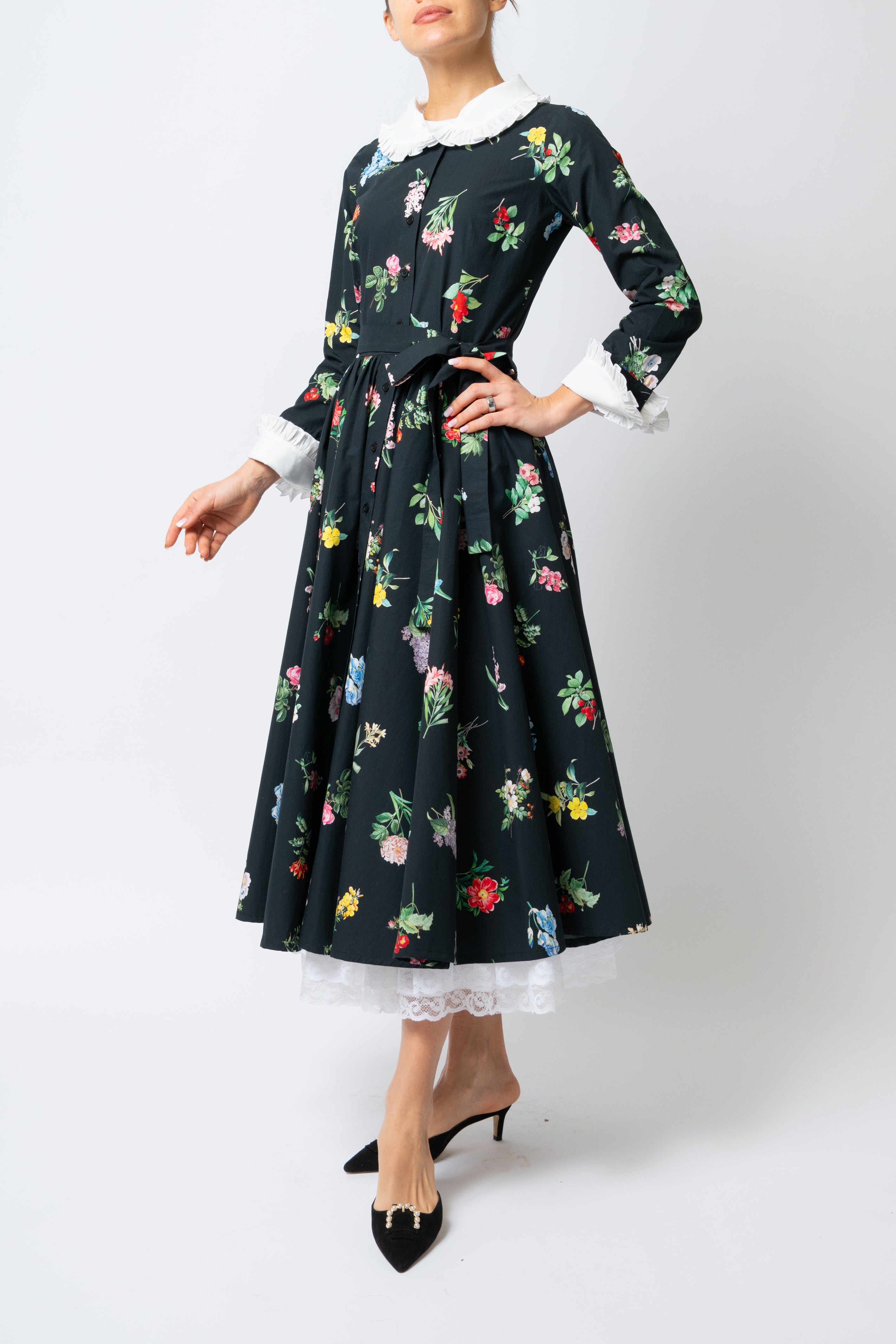 Milla Milla midi dress with floral print on black background – limited edition, available by pre-order only