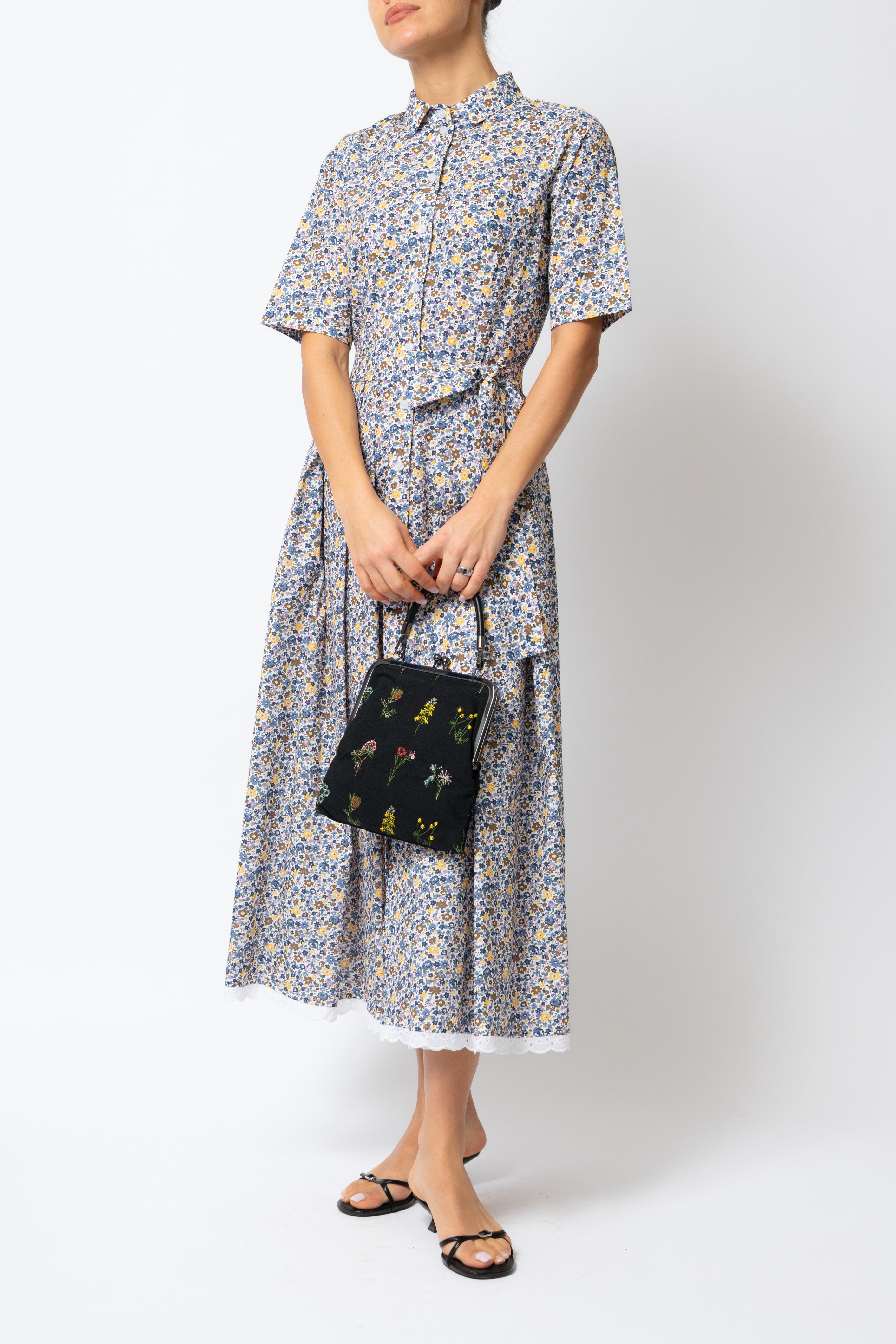 Rochie Camasa Midi, din Bumbac, cu Flori Bleu pe Alb