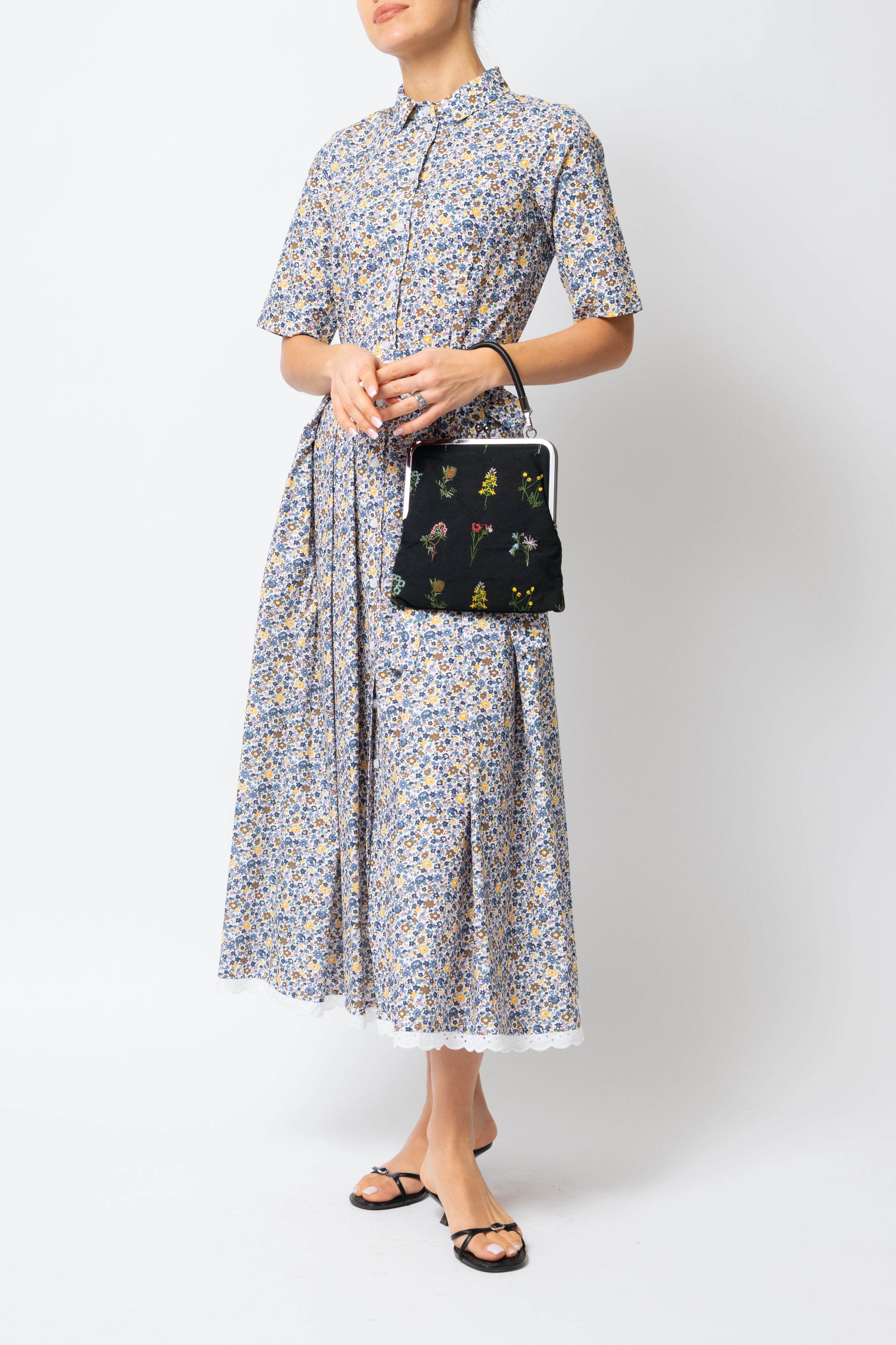 Rochie Camasa Midi, din Bumbac, cu Flori Bleu pe Alb