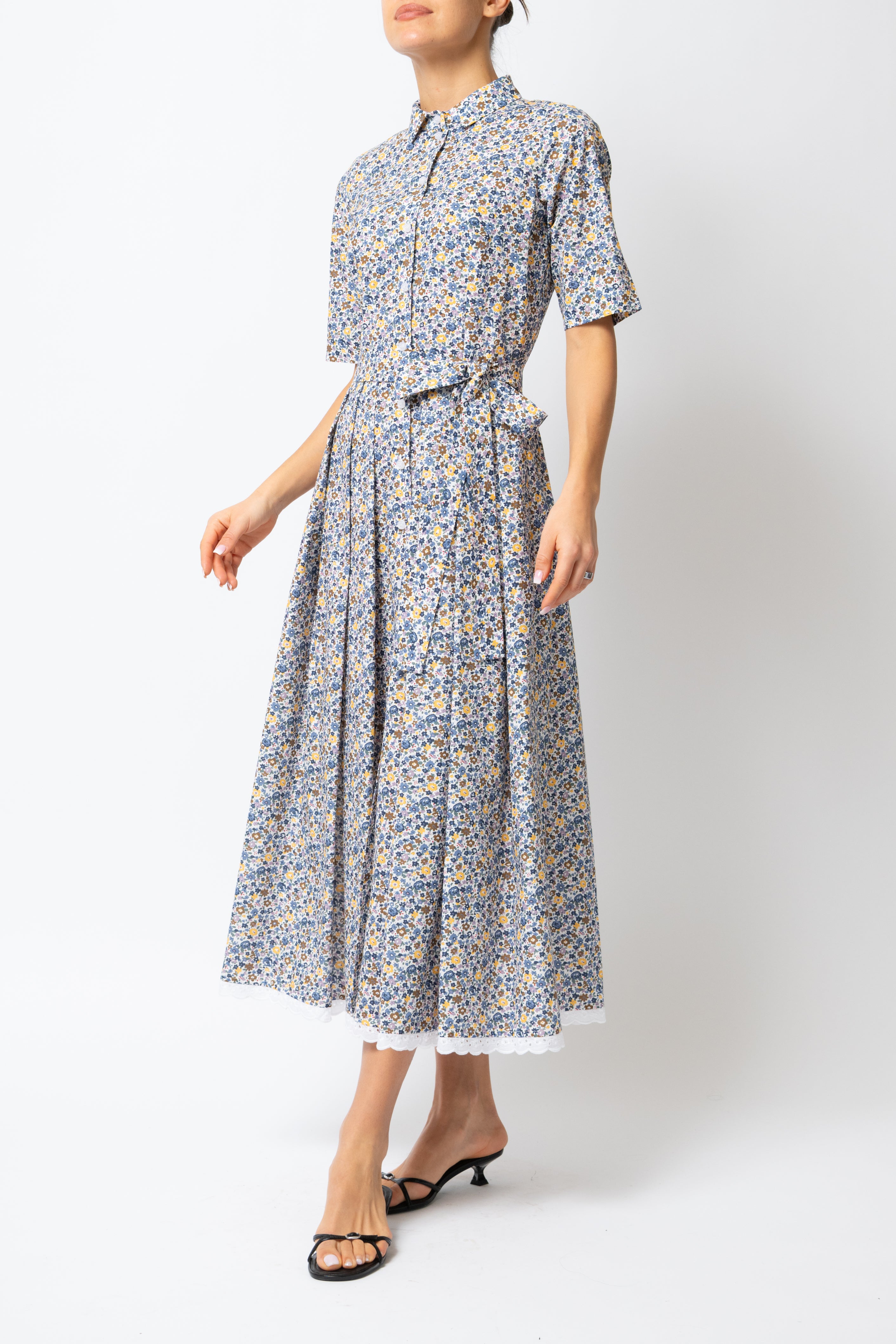 Rochie Camasa Midi, din Bumbac, cu Flori Bleu pe Alb