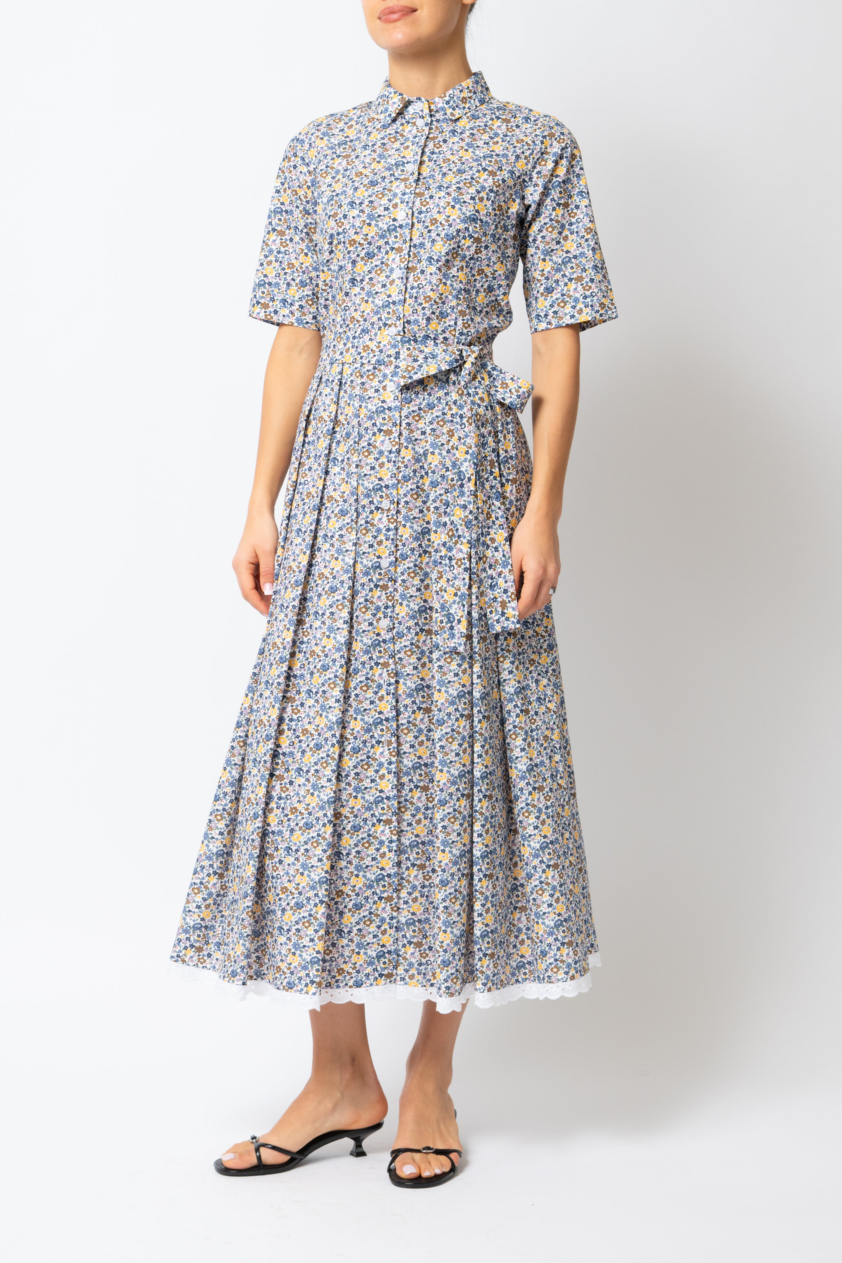 Rochie Camasa Midi, din Bumbac, cu Flori Bleu pe Alb