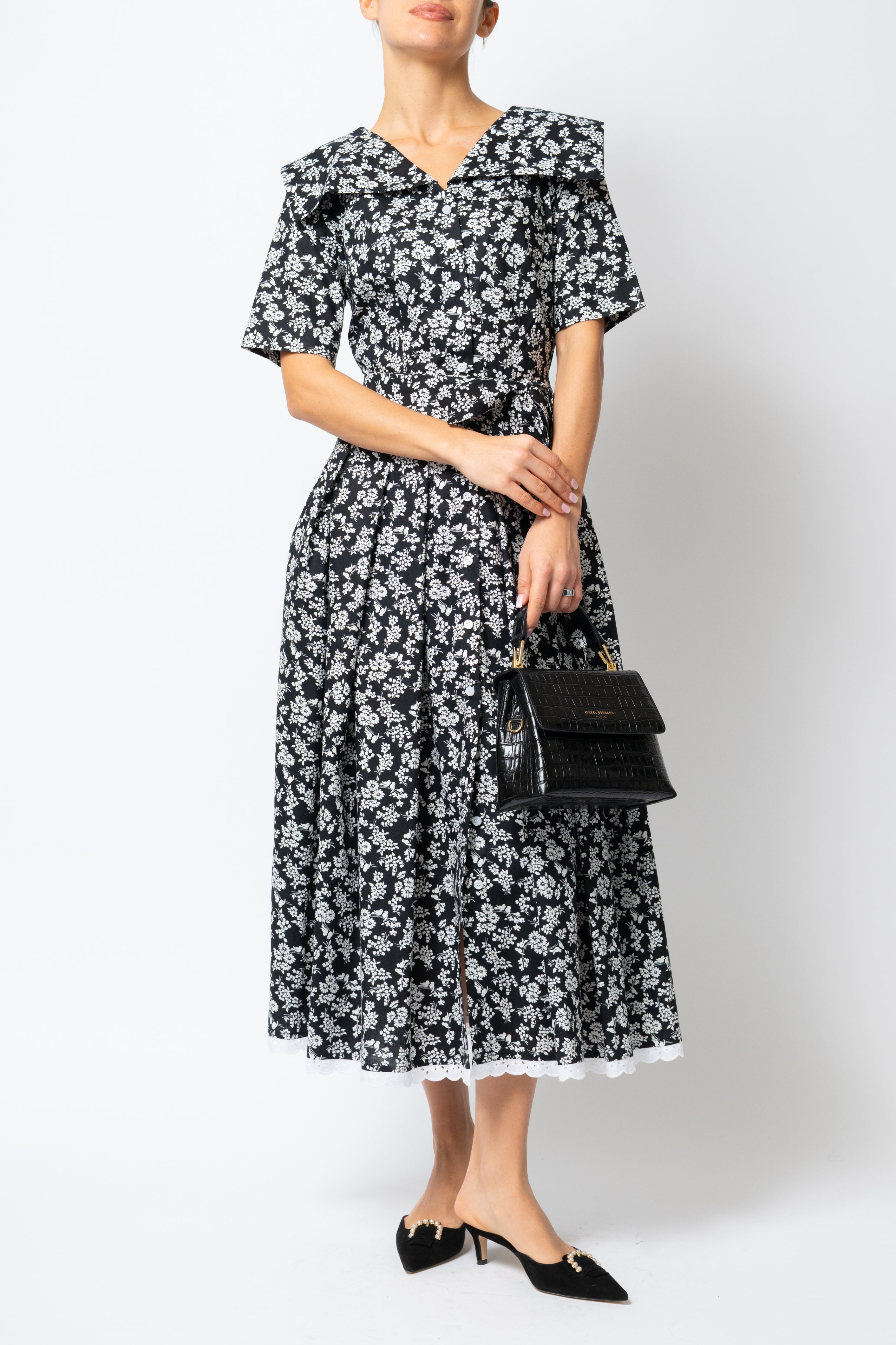 Rochie Camasa Midi cu Guler Patrat, din Bumbac, cu Flori pe Negru