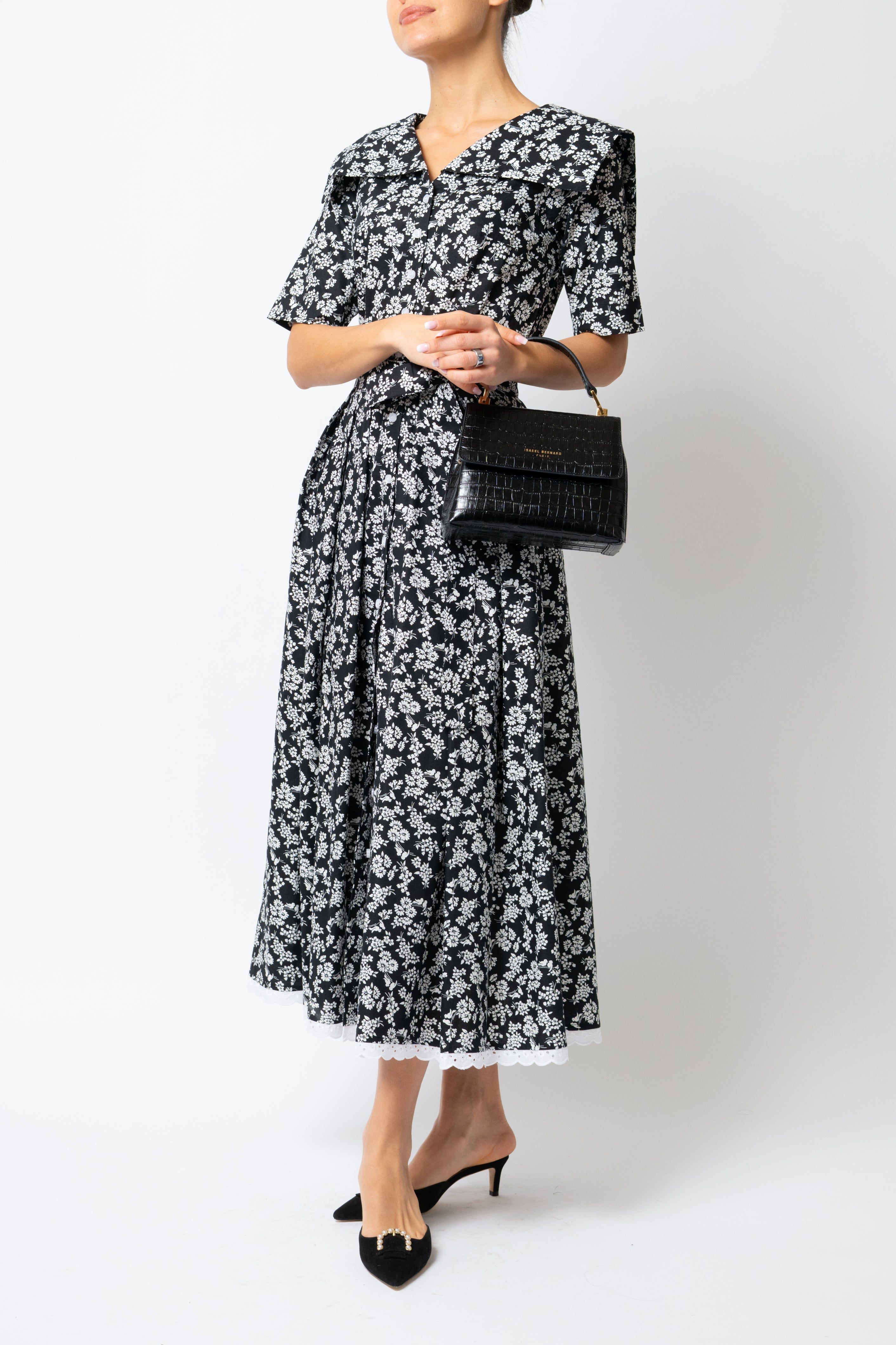 Rochie Camasa Midi cu Guler Patrat, din Bumbac, cu Flori pe Negru