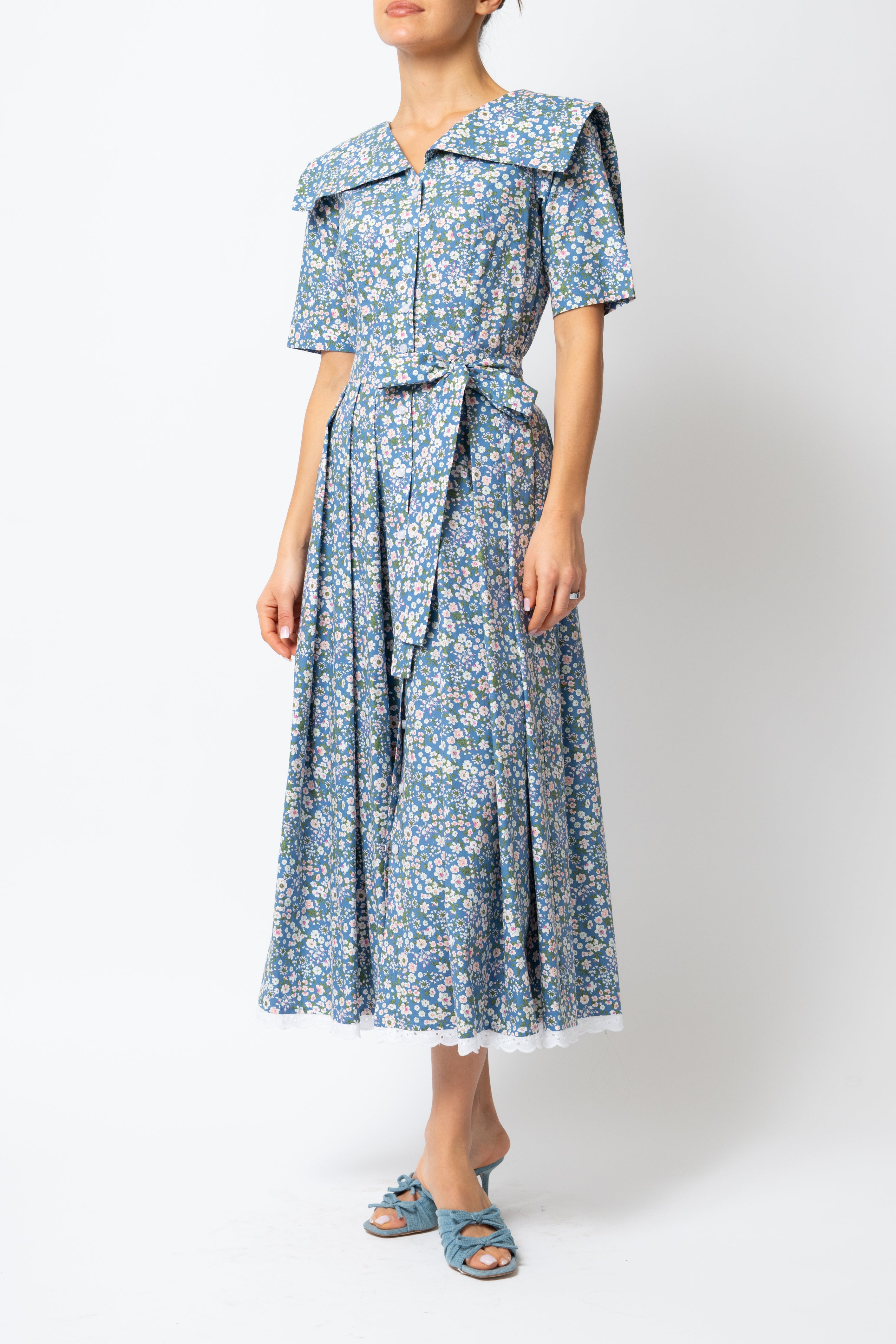 Rochie Camasa Midi cu Guler Patrat, din Bumbac, cu Flori pe Bleu