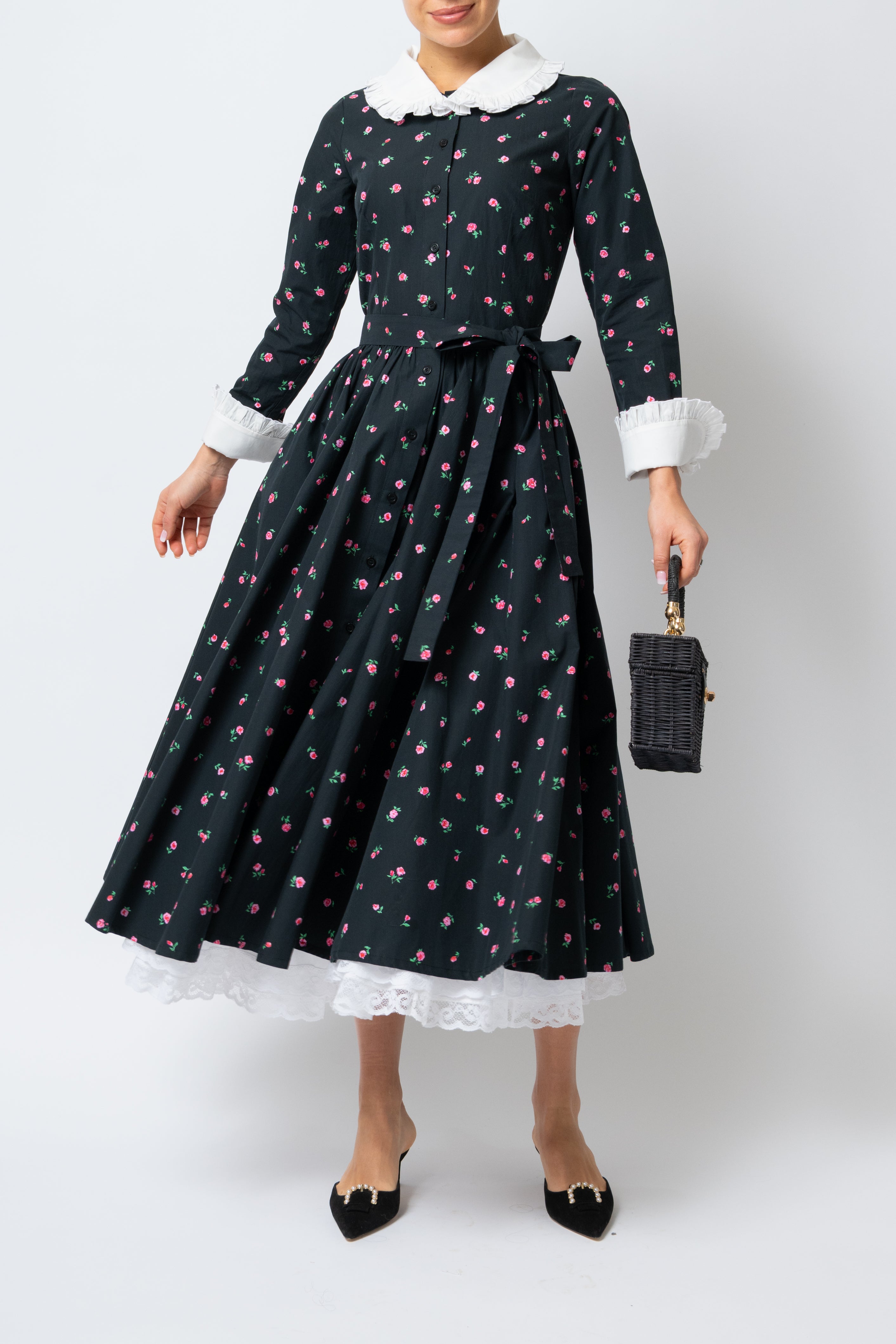 Rochie Camasa Midi cu Imprimeu de Trandafiri mici, din Bumbac