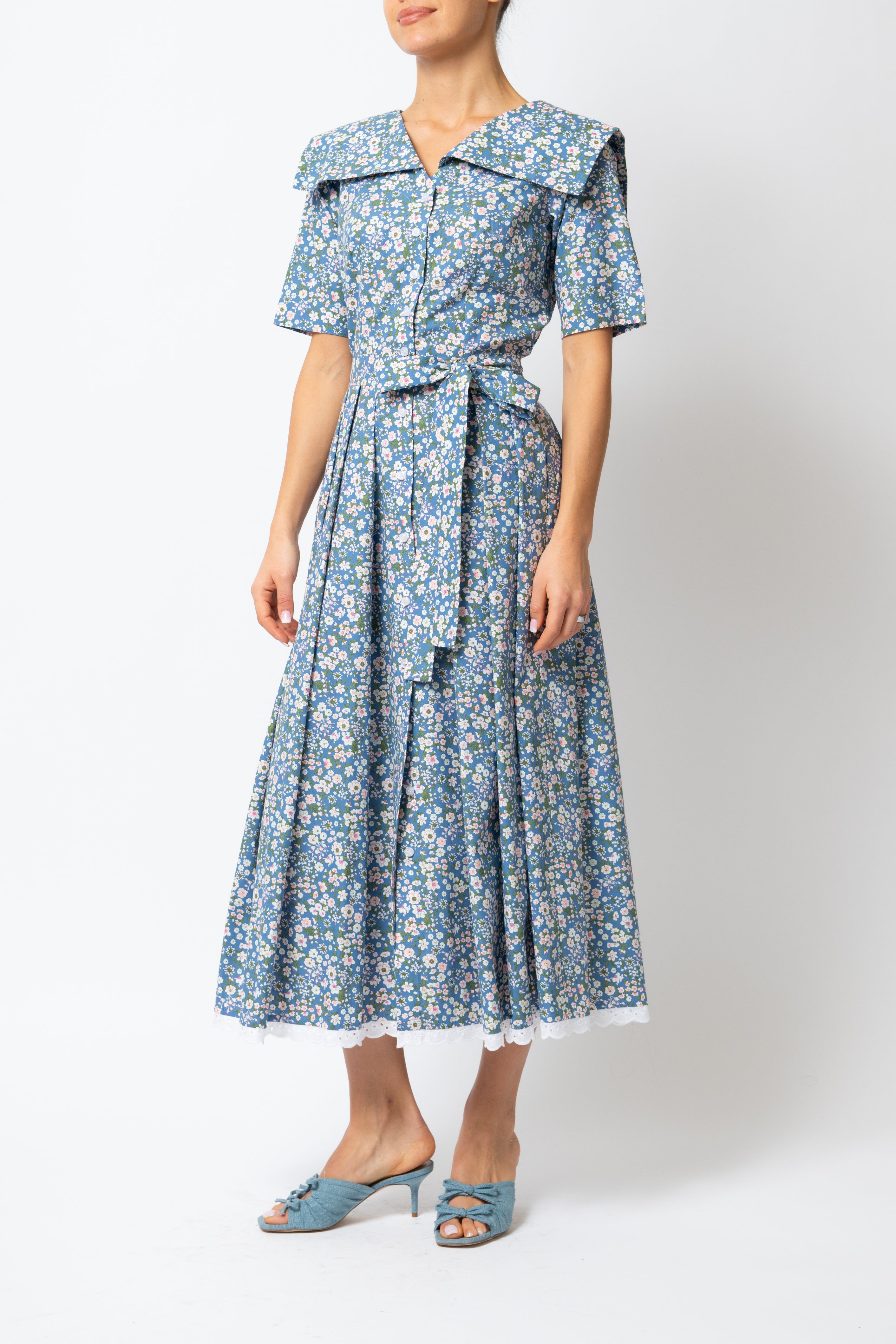 Rochie Camasa Midi cu Guler Patrat, din Bumbac, cu Flori pe Bleu