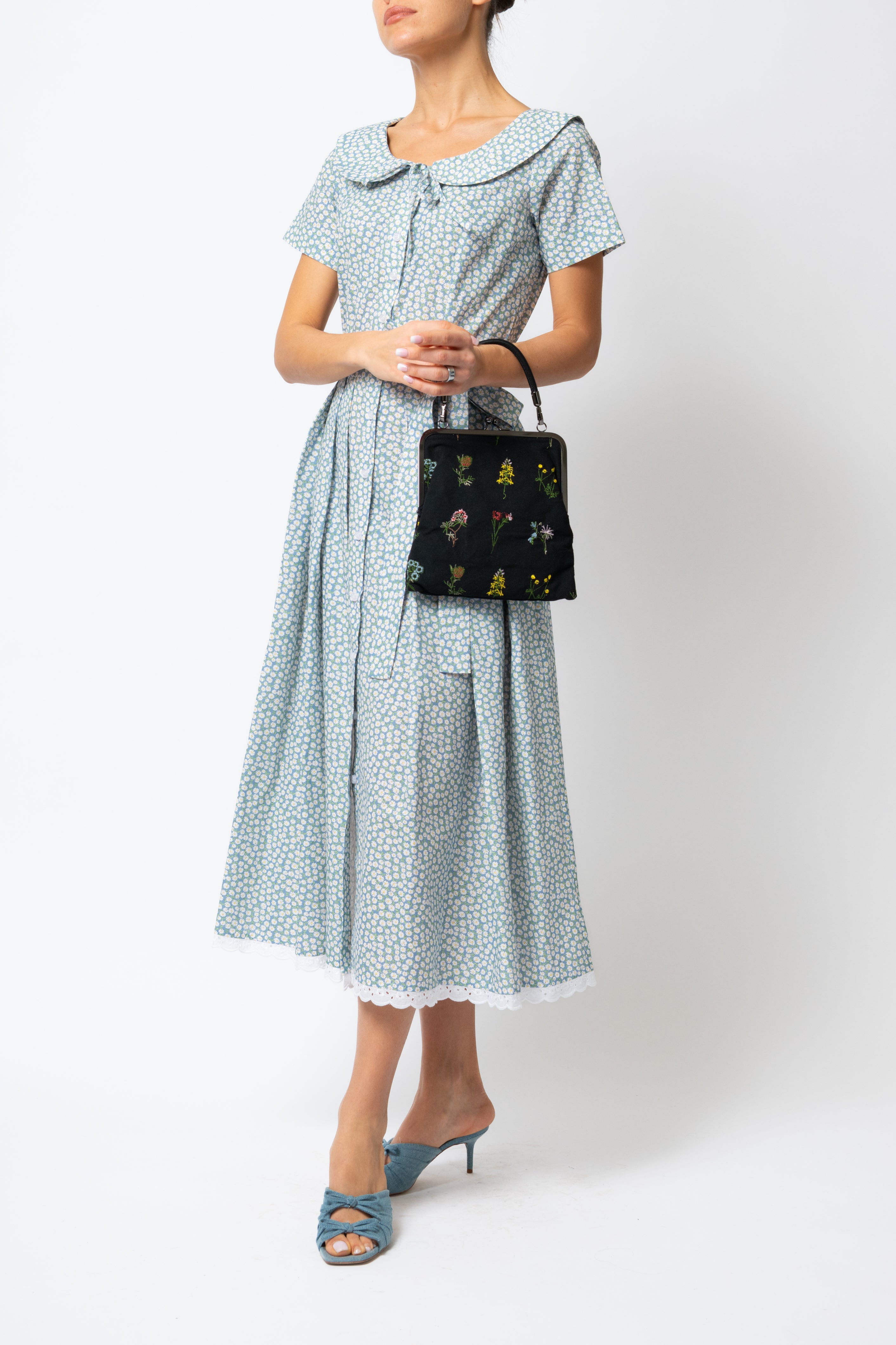 Rochie Camasa Midi cu Guler Rotunjit, din Bumbac, cu Flori Mici pe Bleu
