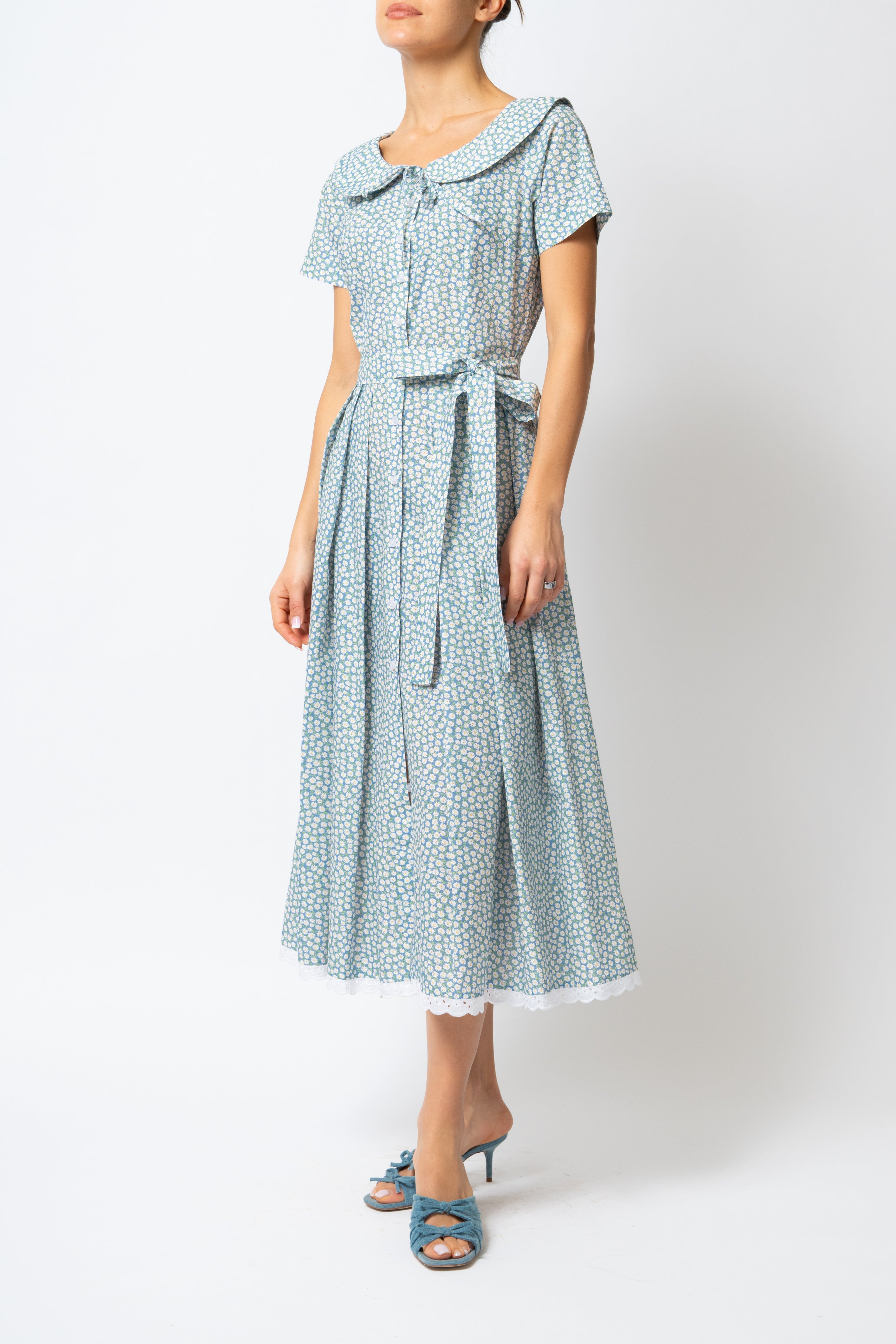 Rochie Camasa Midi cu Guler Rotunjit, din Bumbac, cu Flori Mici pe Bleu