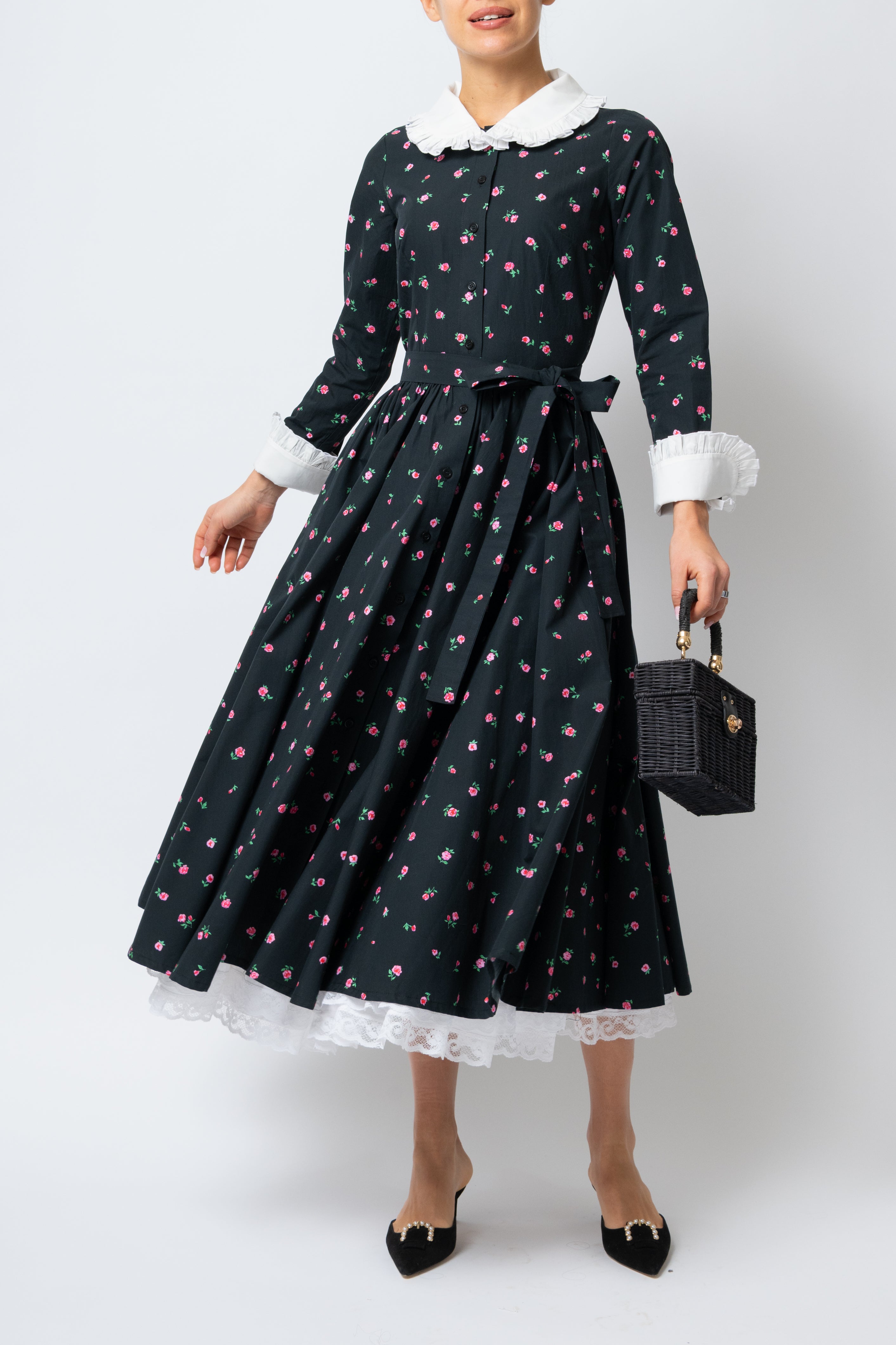 Rochie Camasa Midi cu Imprimeu de Trandafiri mici, din Bumbac