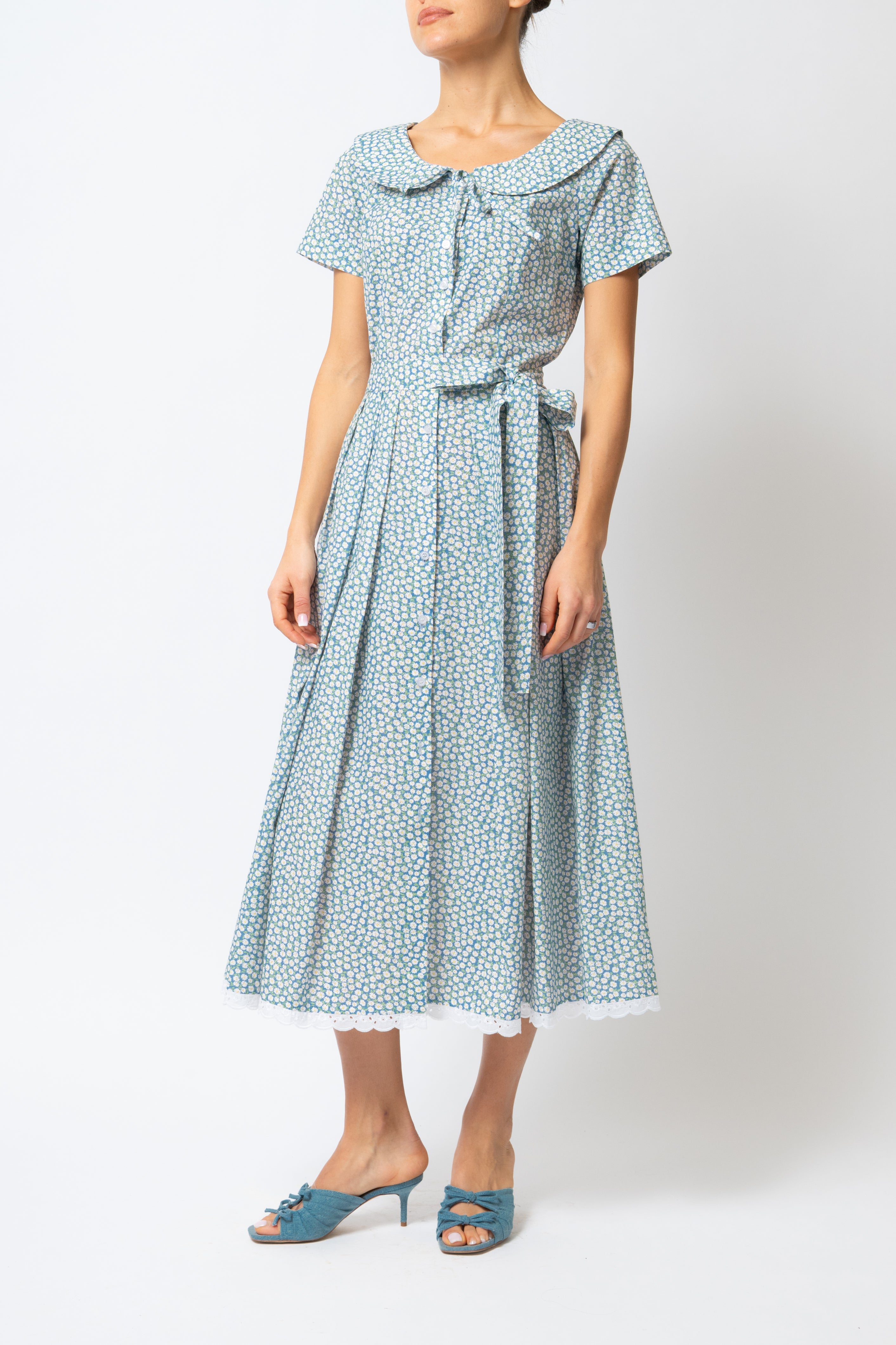 Rochie Camasa Midi cu Guler Rotunjit, din Bumbac, cu Flori Mici pe Bleu