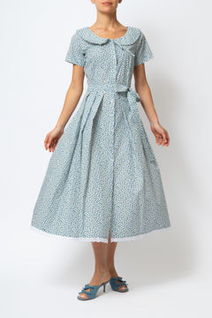 Rochie Camasa Midi cu Guler Rotunjit, din Bumbac, cu Flori Mici pe Bleu
