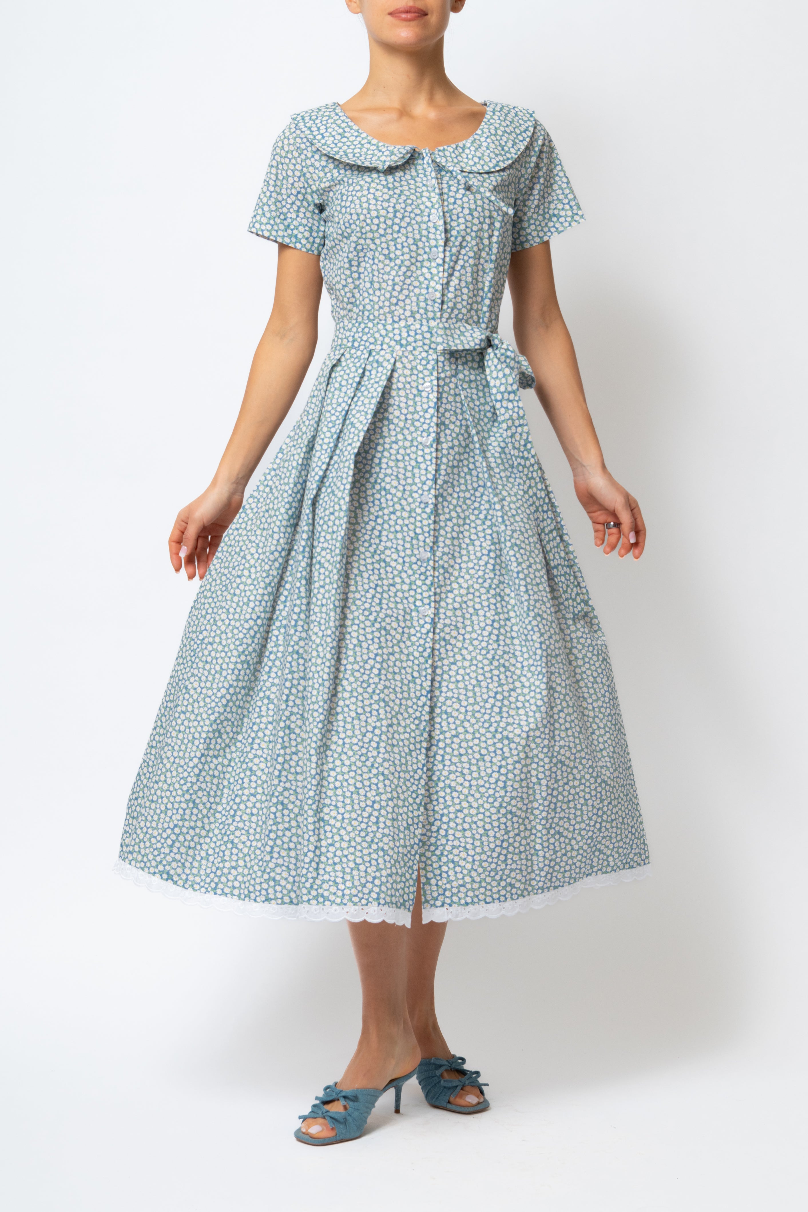 Rochie Camasa Midi cu Guler Rotunjit, din Bumbac, cu Flori Mici pe Bleu