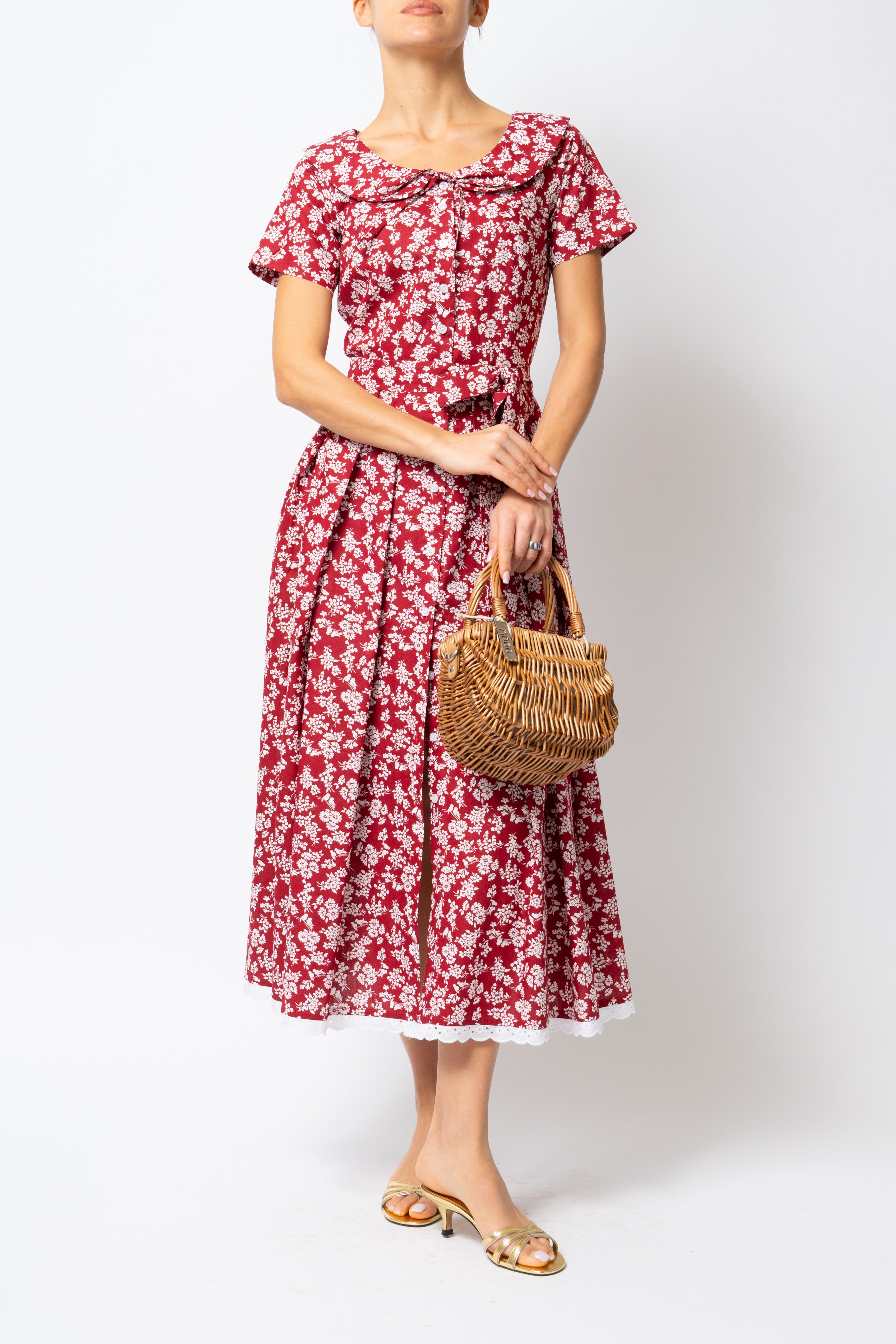 Rochie Camasa Midi cu Guler Rotunjit, din Bumbac, cu Flori pe Visiniu