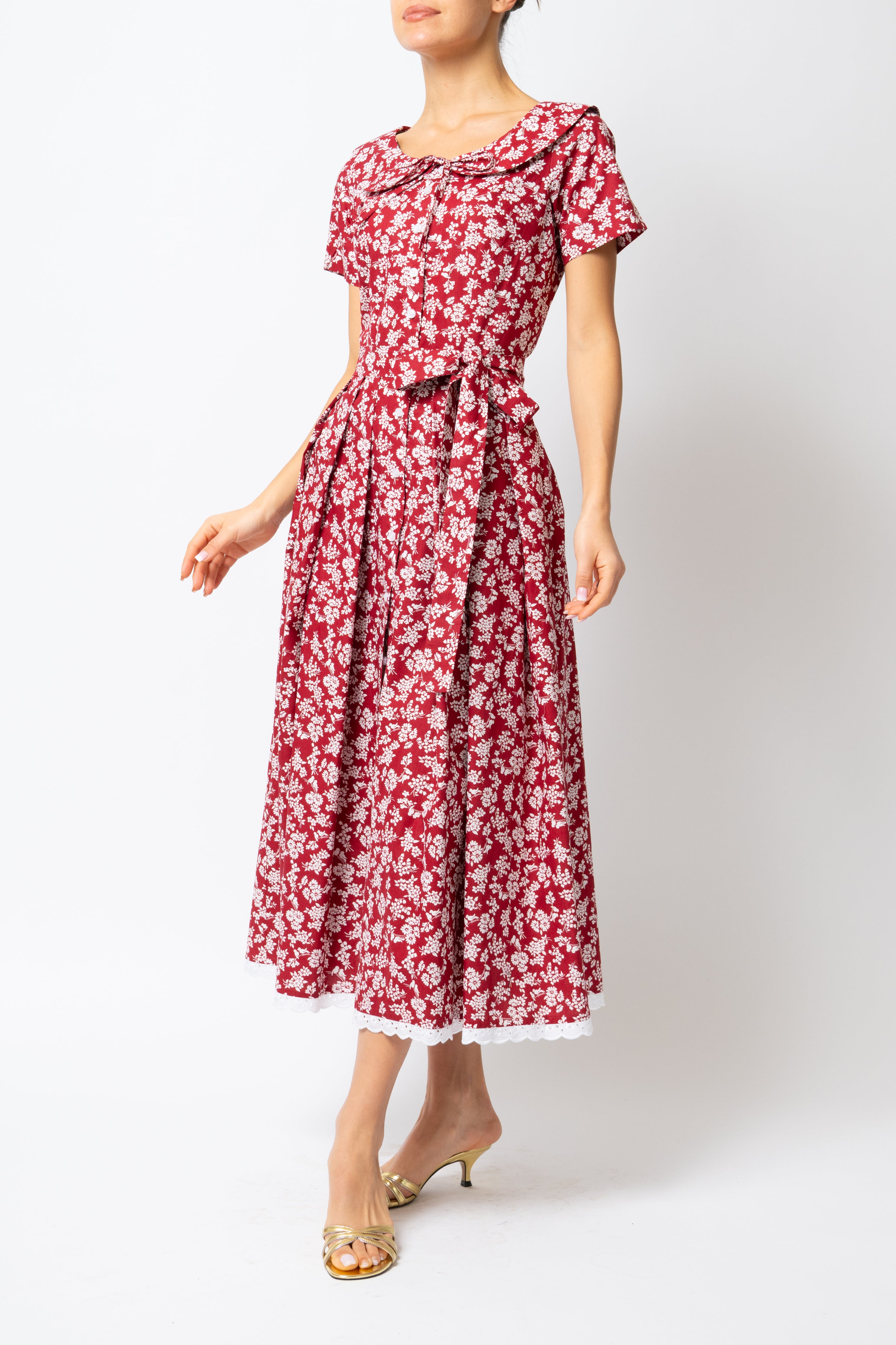 Rochie Camasa Midi cu Guler Rotunjit, din Bumbac, cu Flori pe Visiniu