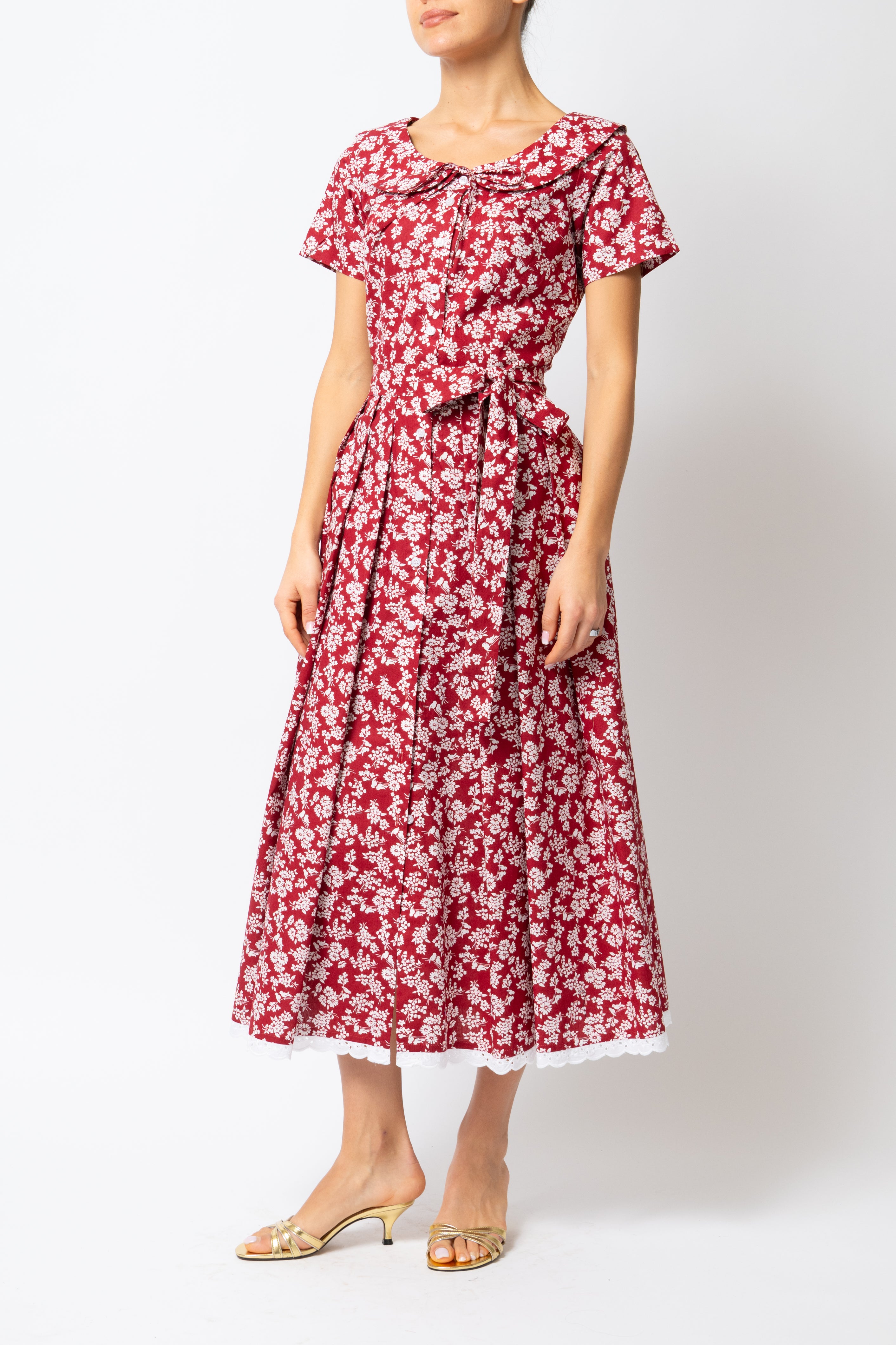 Rochie Camasa Midi cu Guler Rotunjit, din Bumbac, cu Flori pe Visiniu