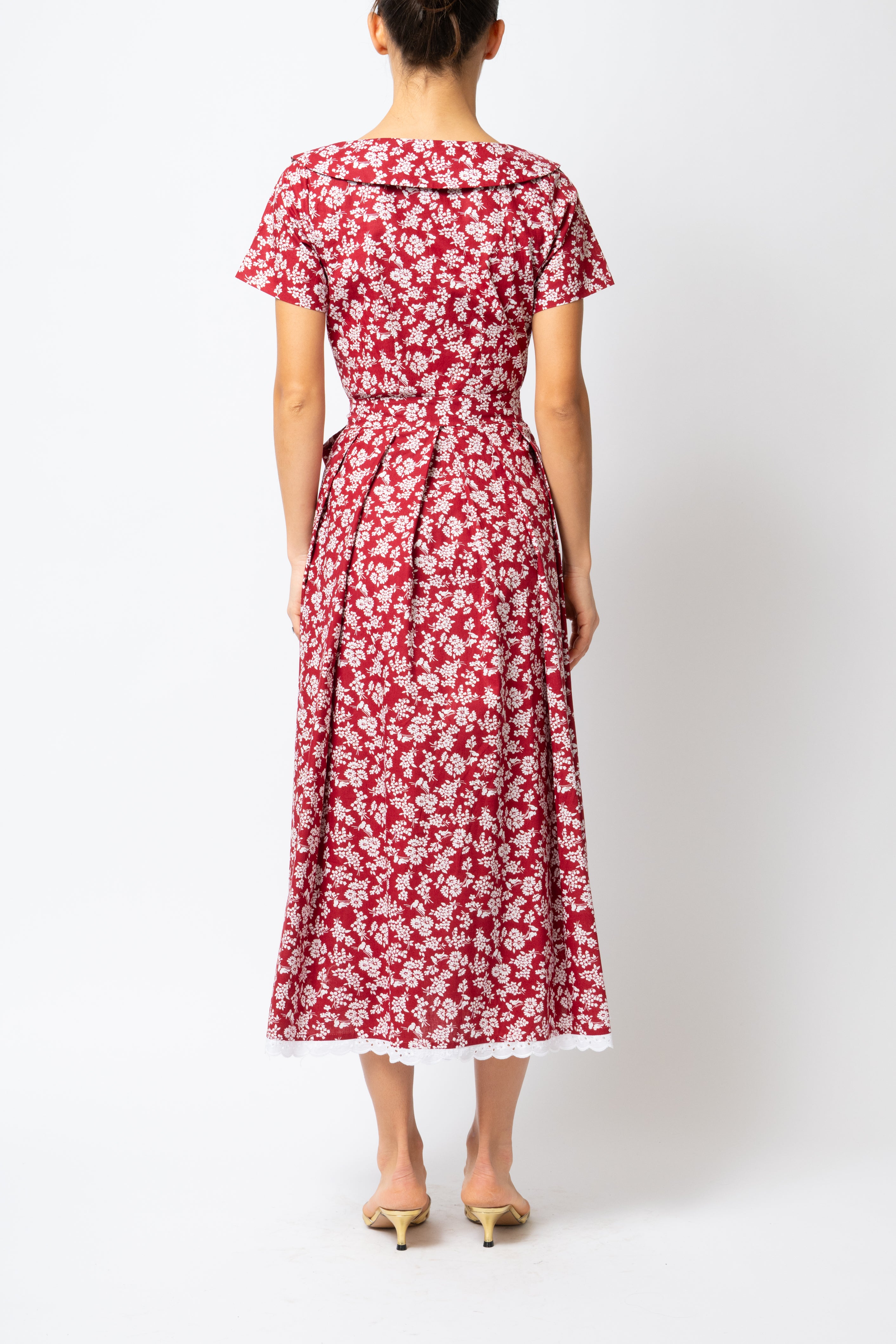 Rochie Camasa Midi cu Guler Rotunjit, din Bumbac, cu Flori pe Visiniu