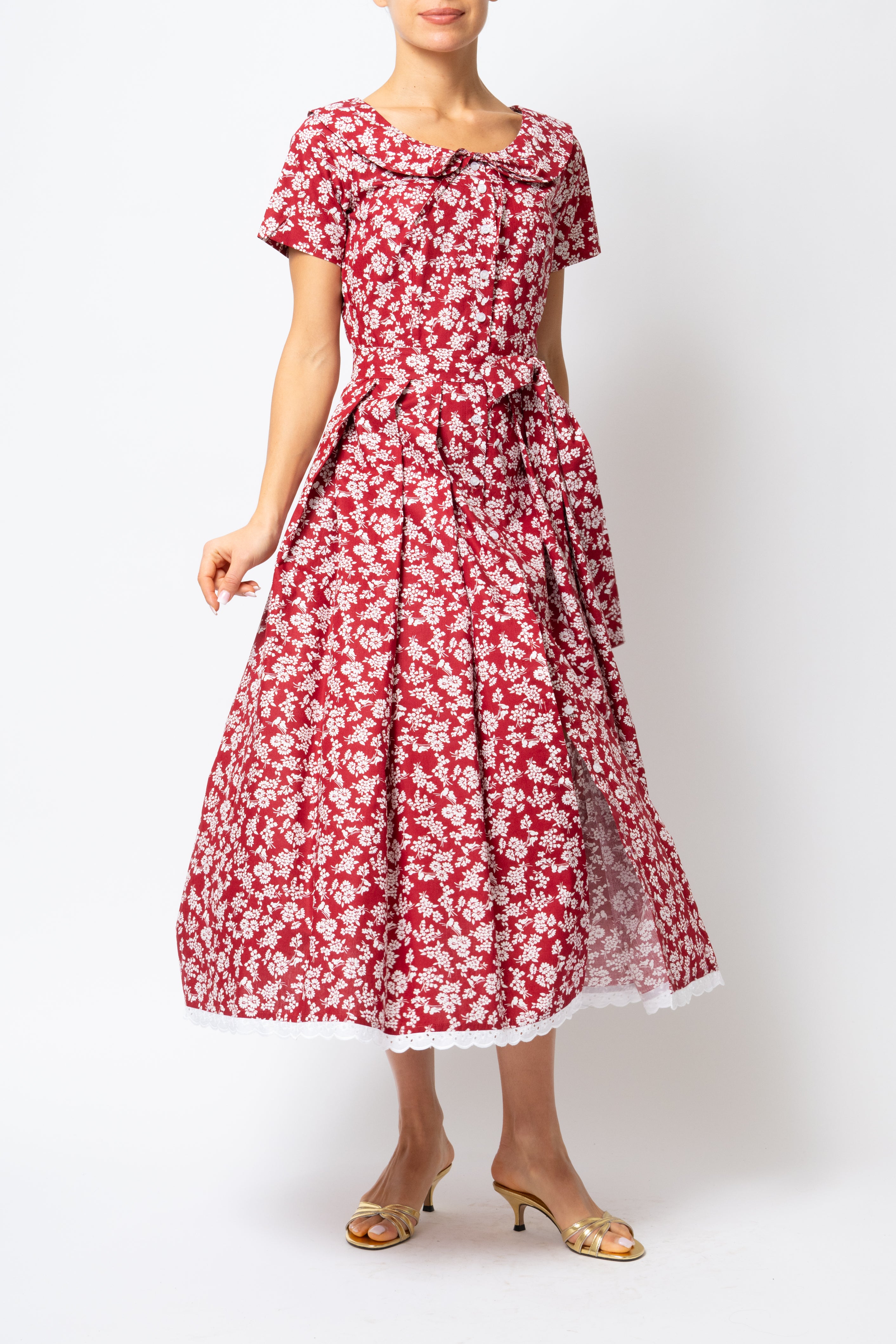 Rochie Camasa Midi cu Guler Rotunjit, din Bumbac, cu Flori pe Visiniu