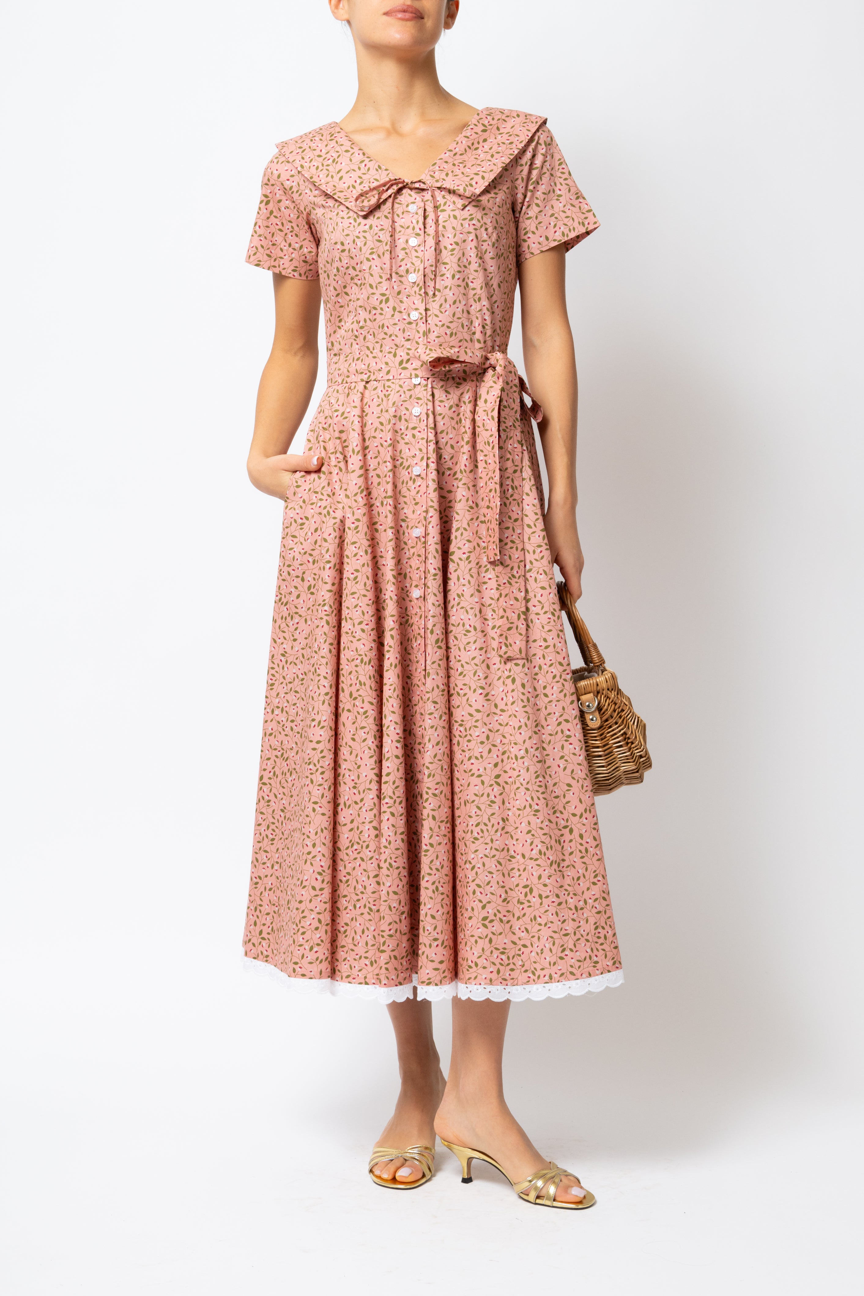 Rochie Camasa Midi cu Guler in V, din Bumbac Roz Somon