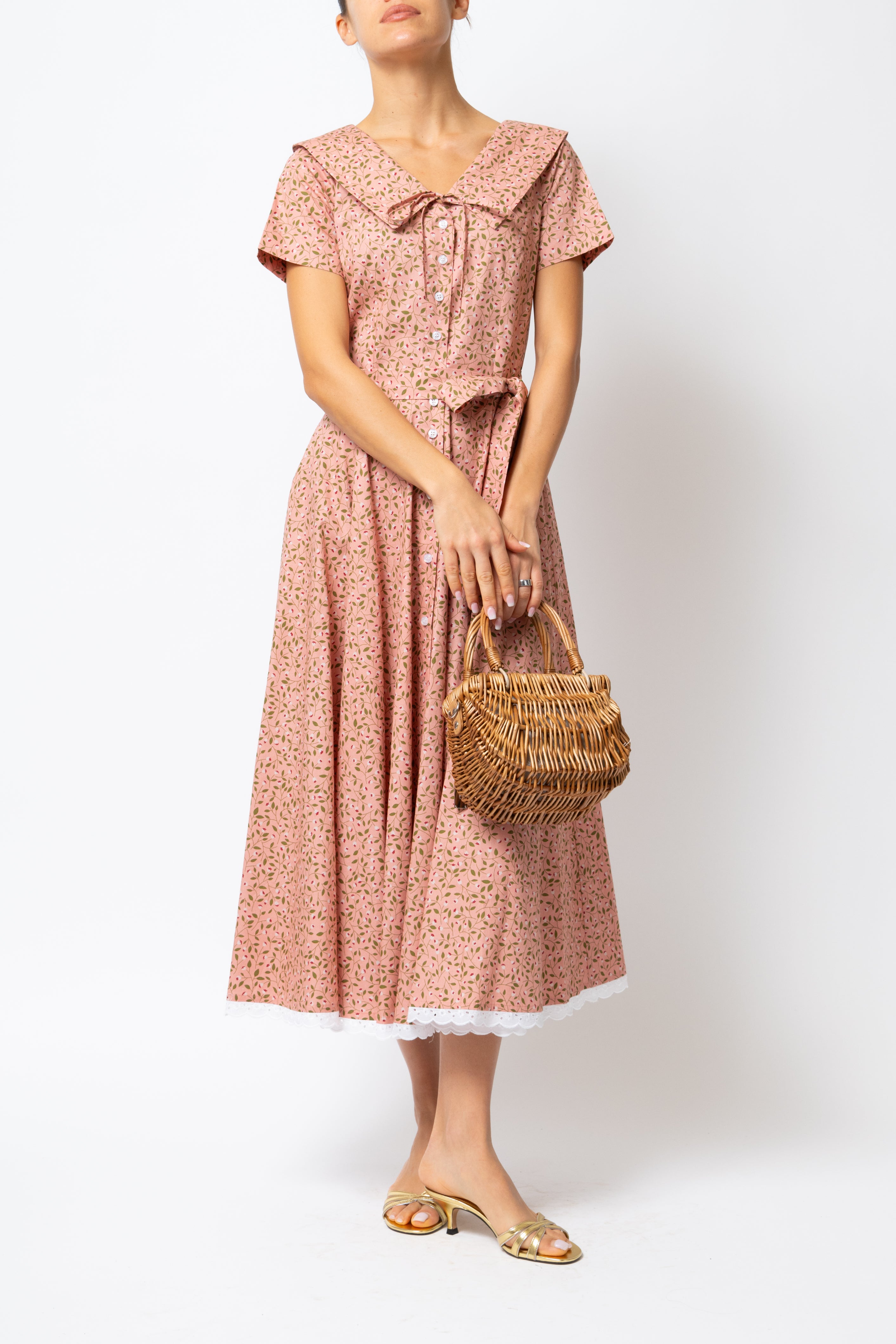 Rochie Camasa Midi cu Guler in V, din Bumbac Roz Somon