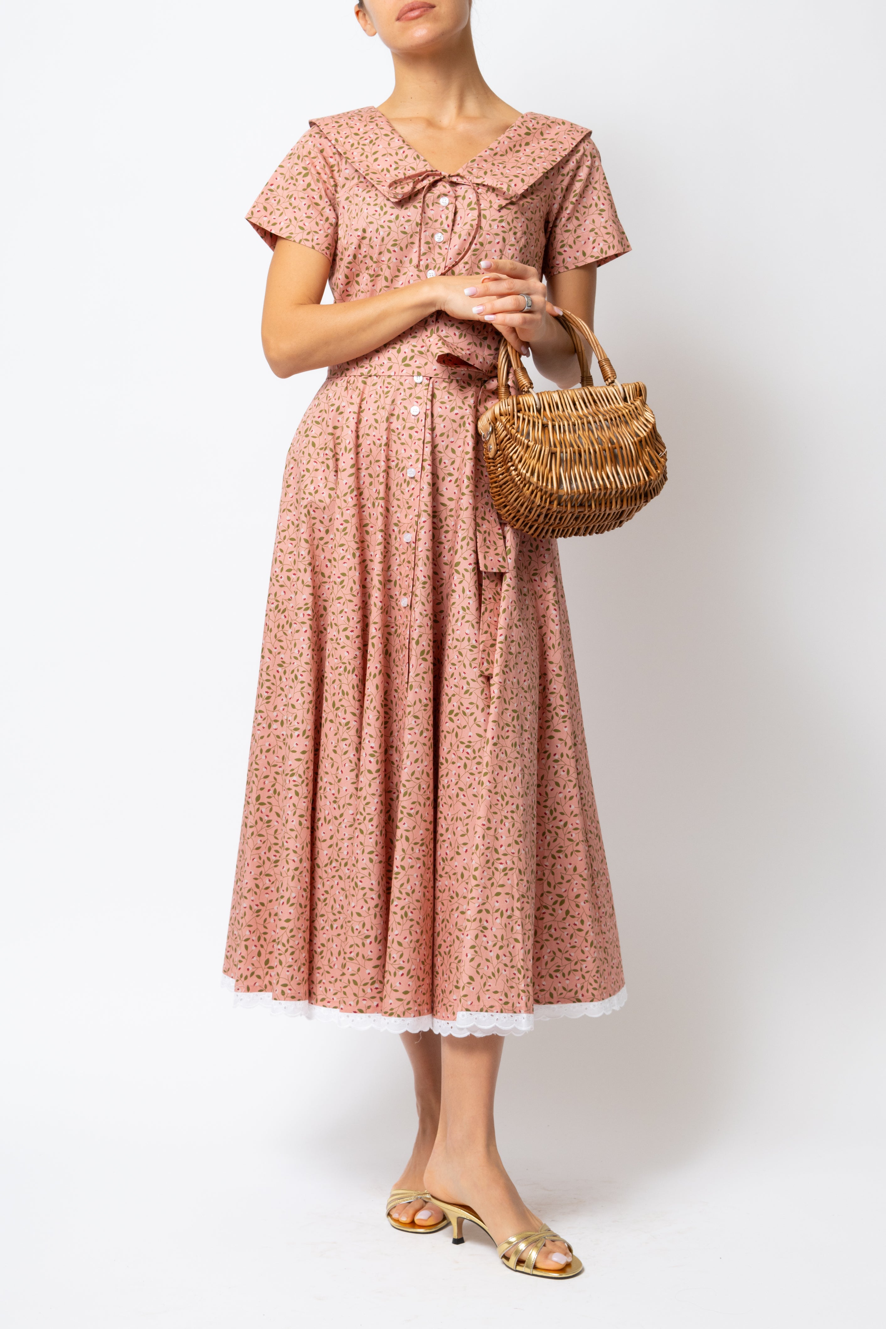 Rochie Camasa Midi cu Guler in V, din Bumbac Roz Somon