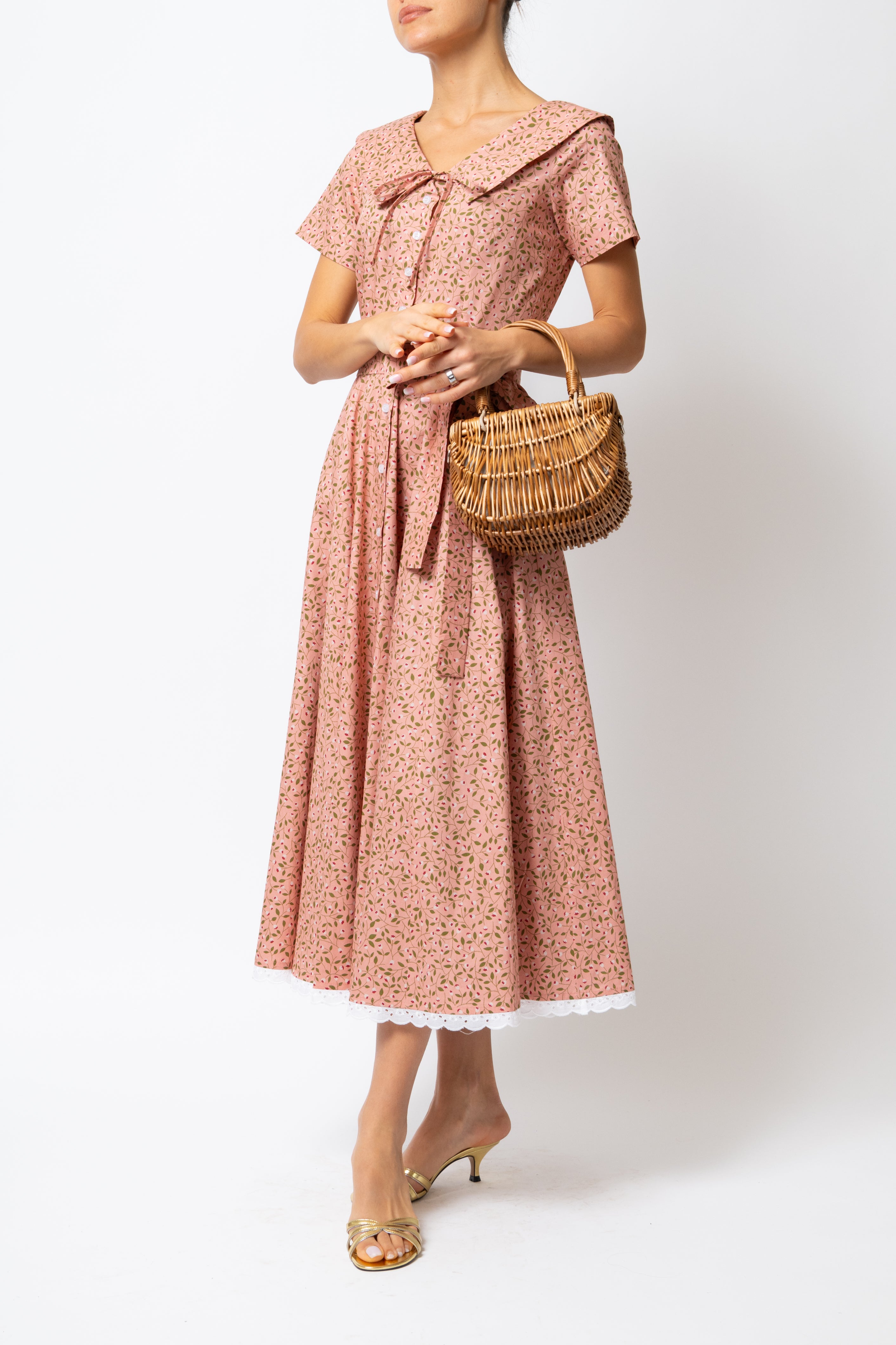 Rochie Camasa Midi cu Guler in V, din Bumbac Roz Somon