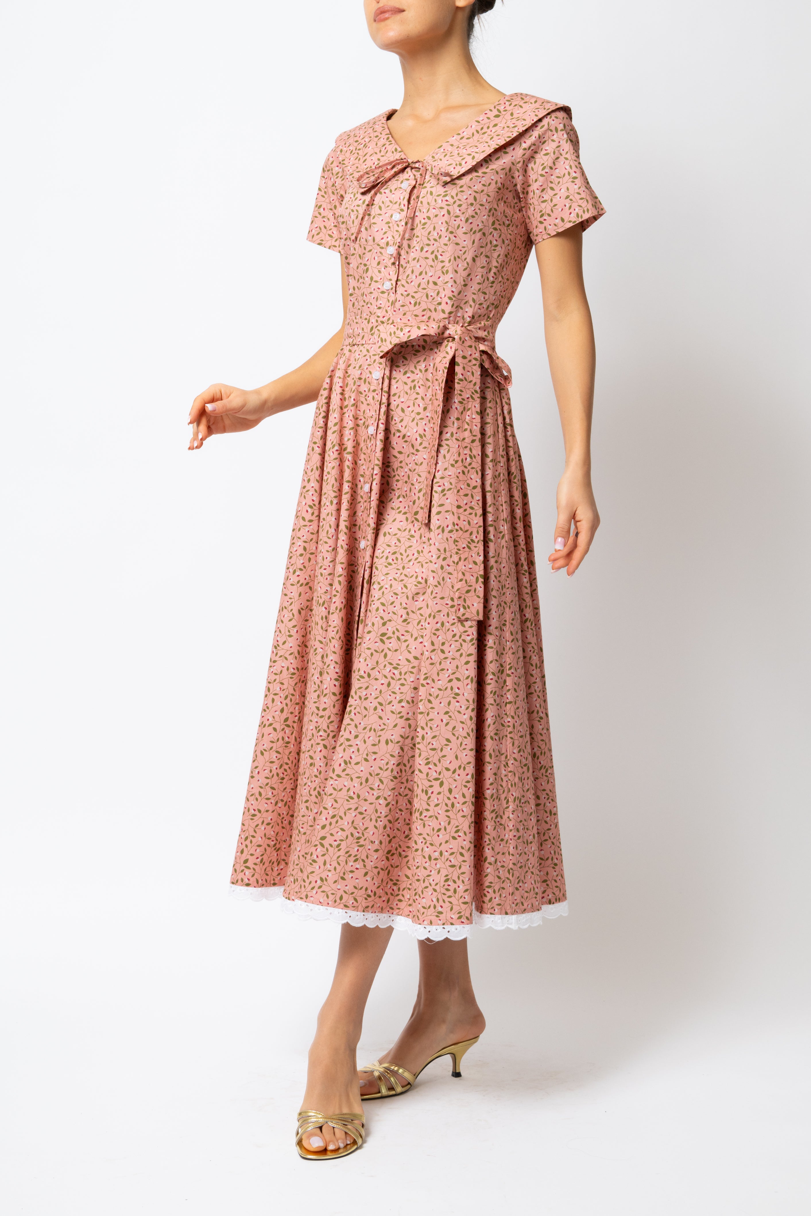 Rochie Camasa Midi cu Guler in V, din Bumbac Roz Somon