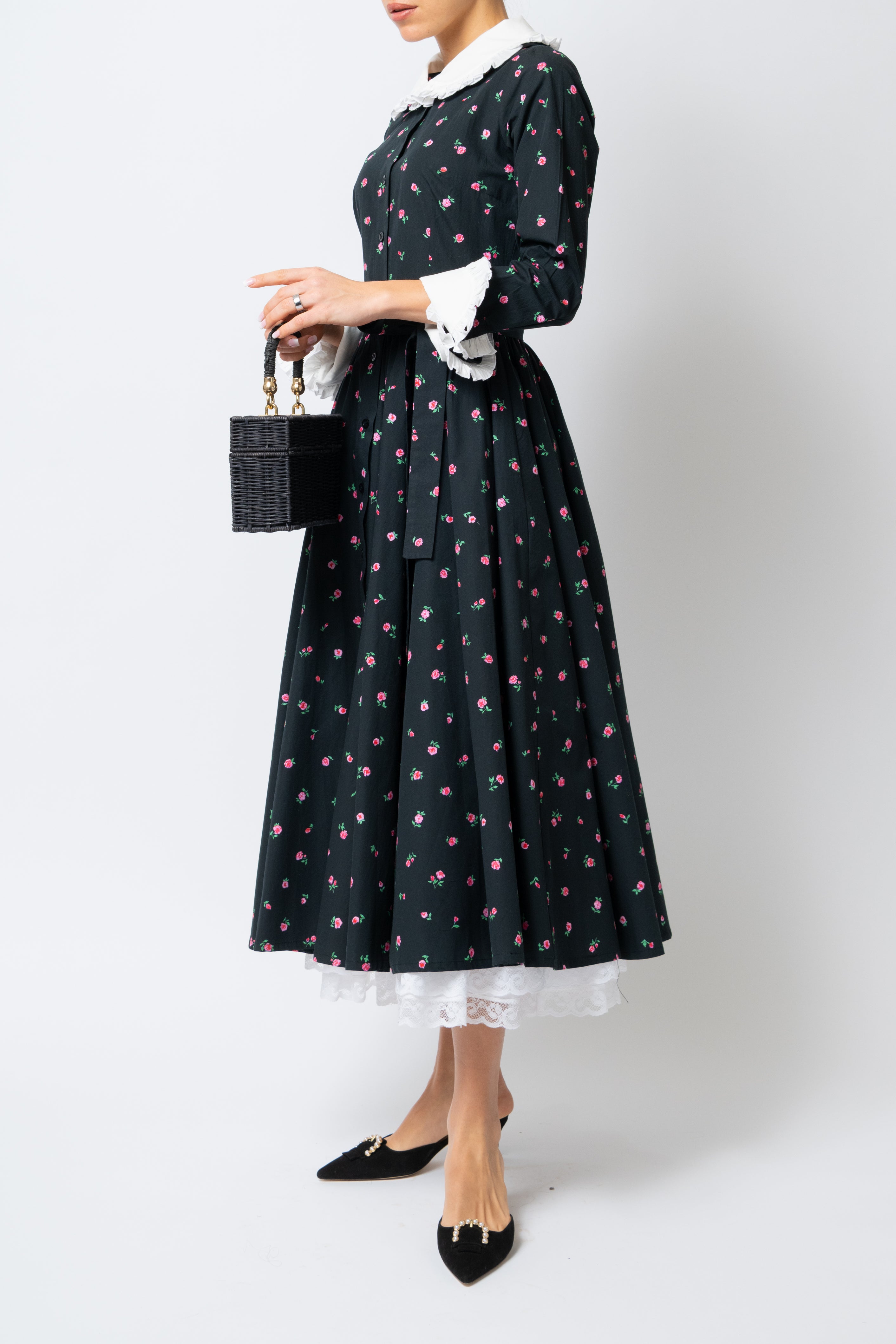 Rochie Camasa Midi cu Imprimeu de Trandafiri mici, din Bumbac