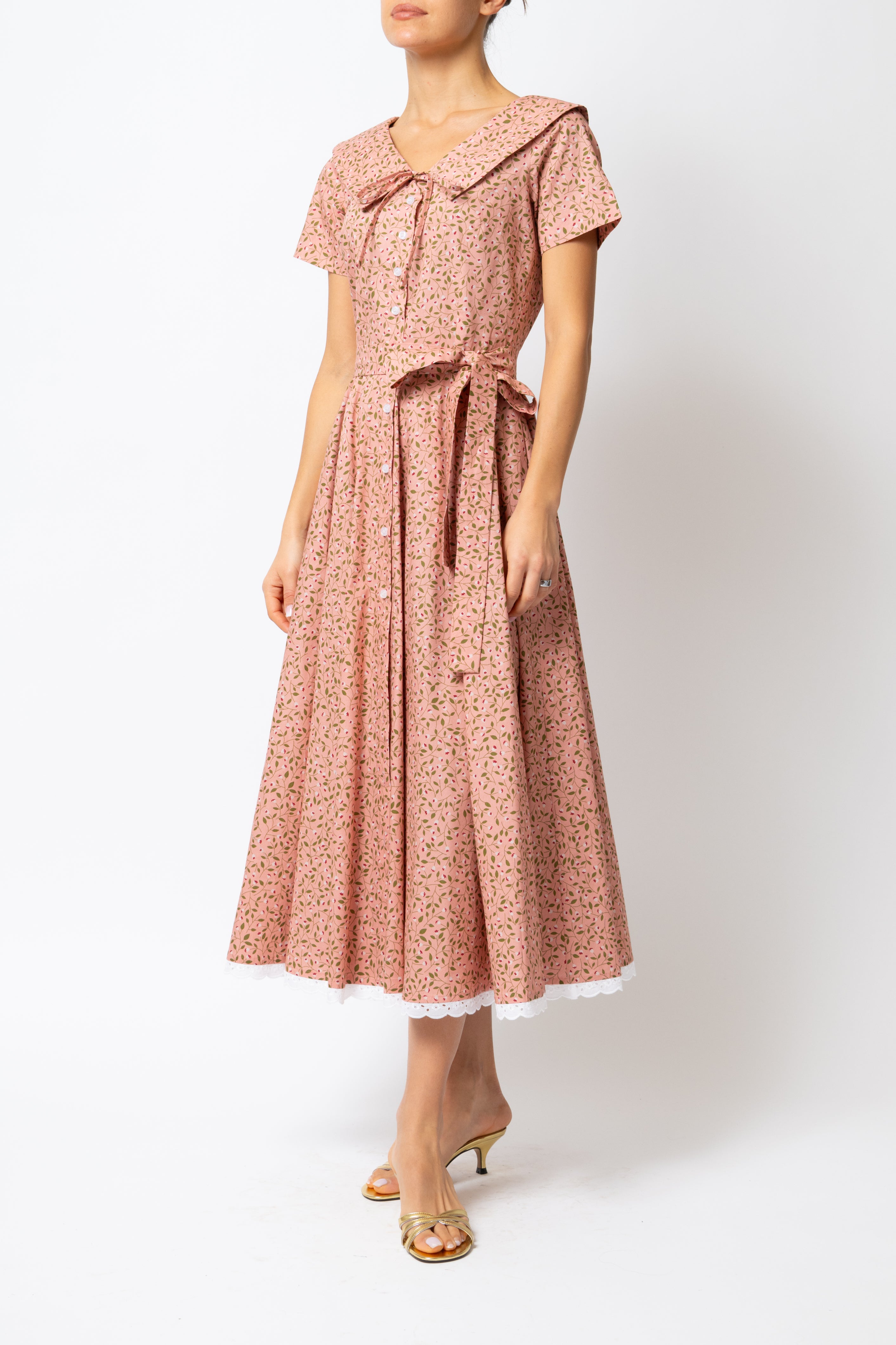 Rochie Camasa Midi cu Guler in V, din Bumbac Roz Somon