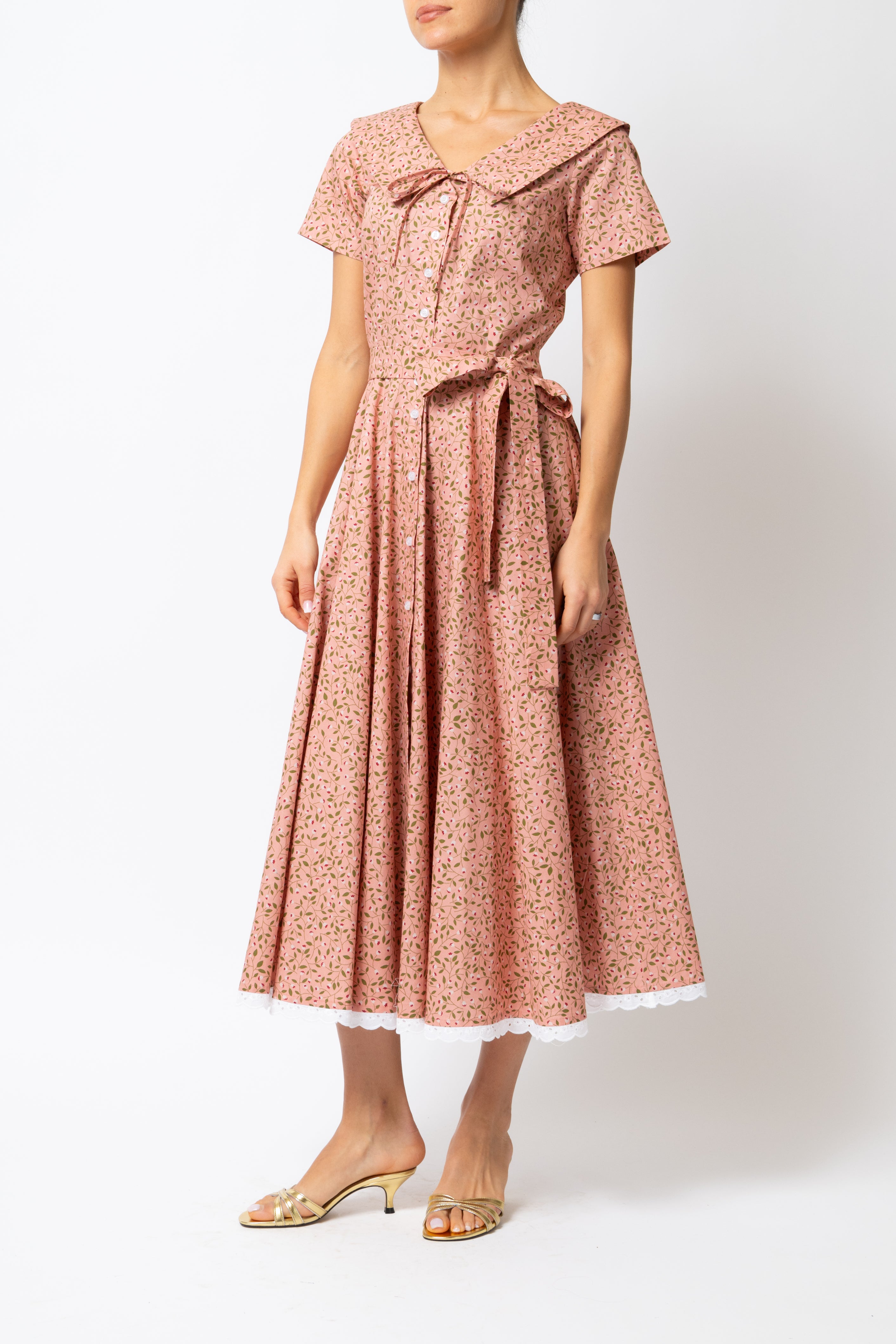 Rochie Camasa Midi cu Guler in V, din Bumbac Roz Somon